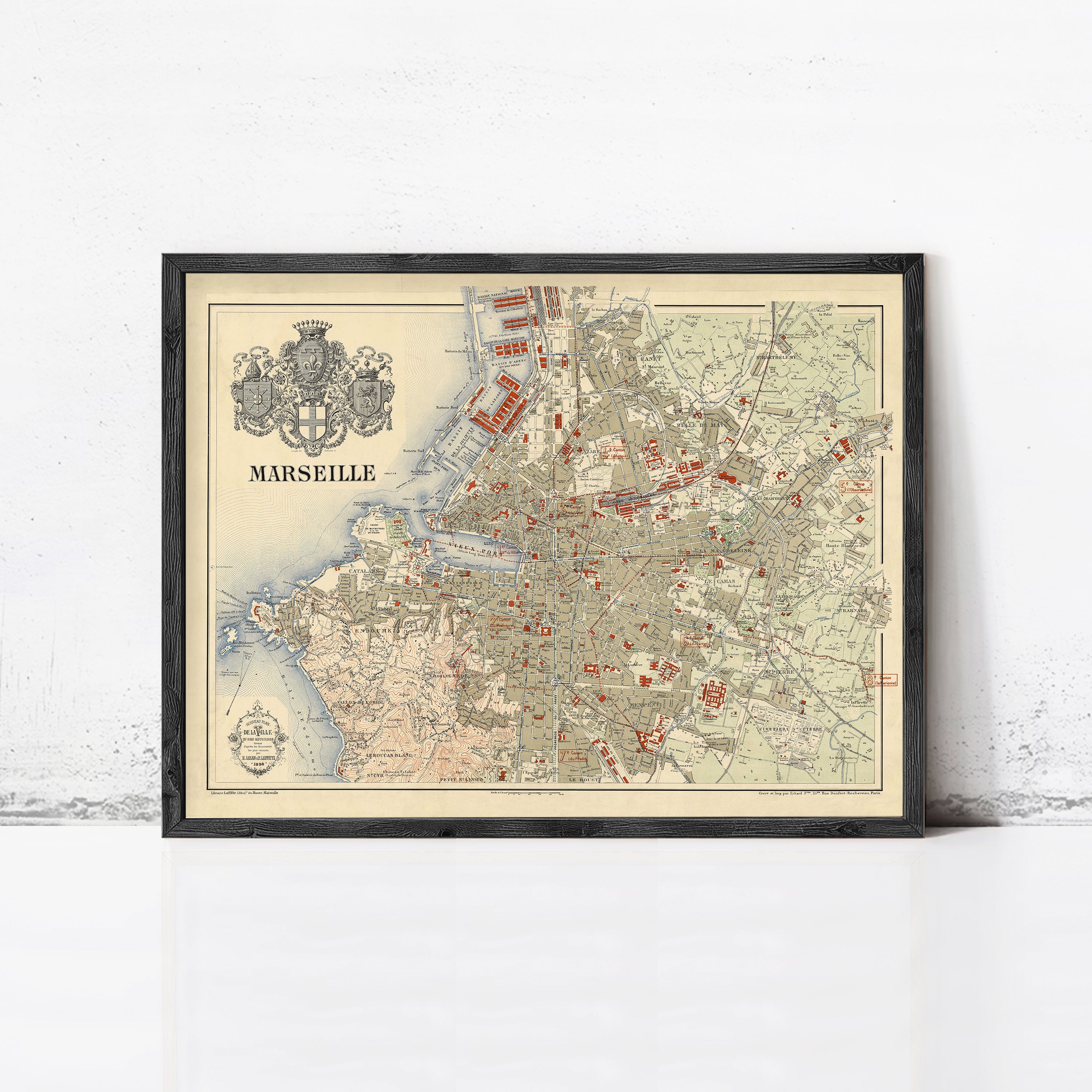 The image is a framed vintage map of the city of Marseille, France.