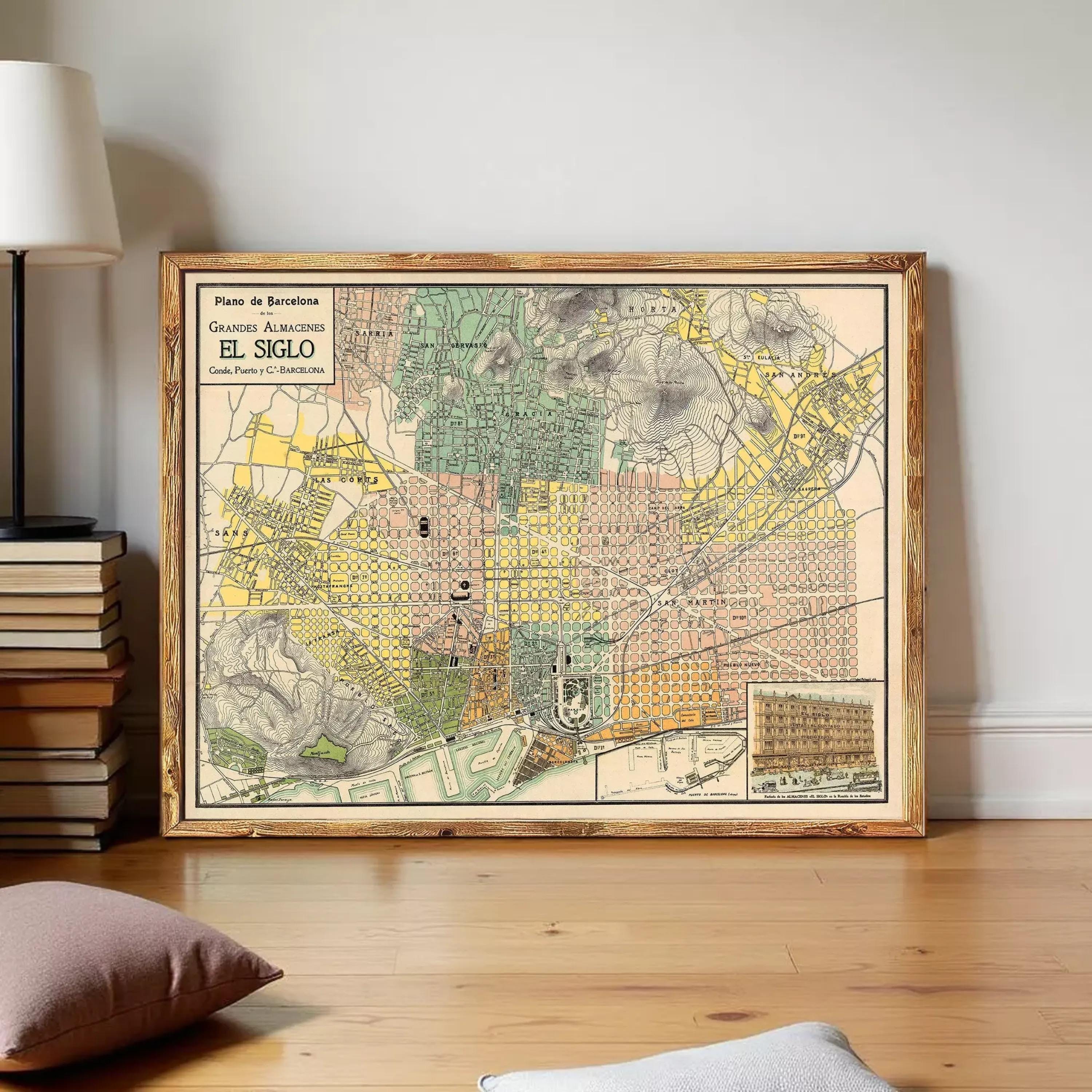 The image is a framed vintage map of Barcelona, Spain, depicting the city's streets and landmarks.