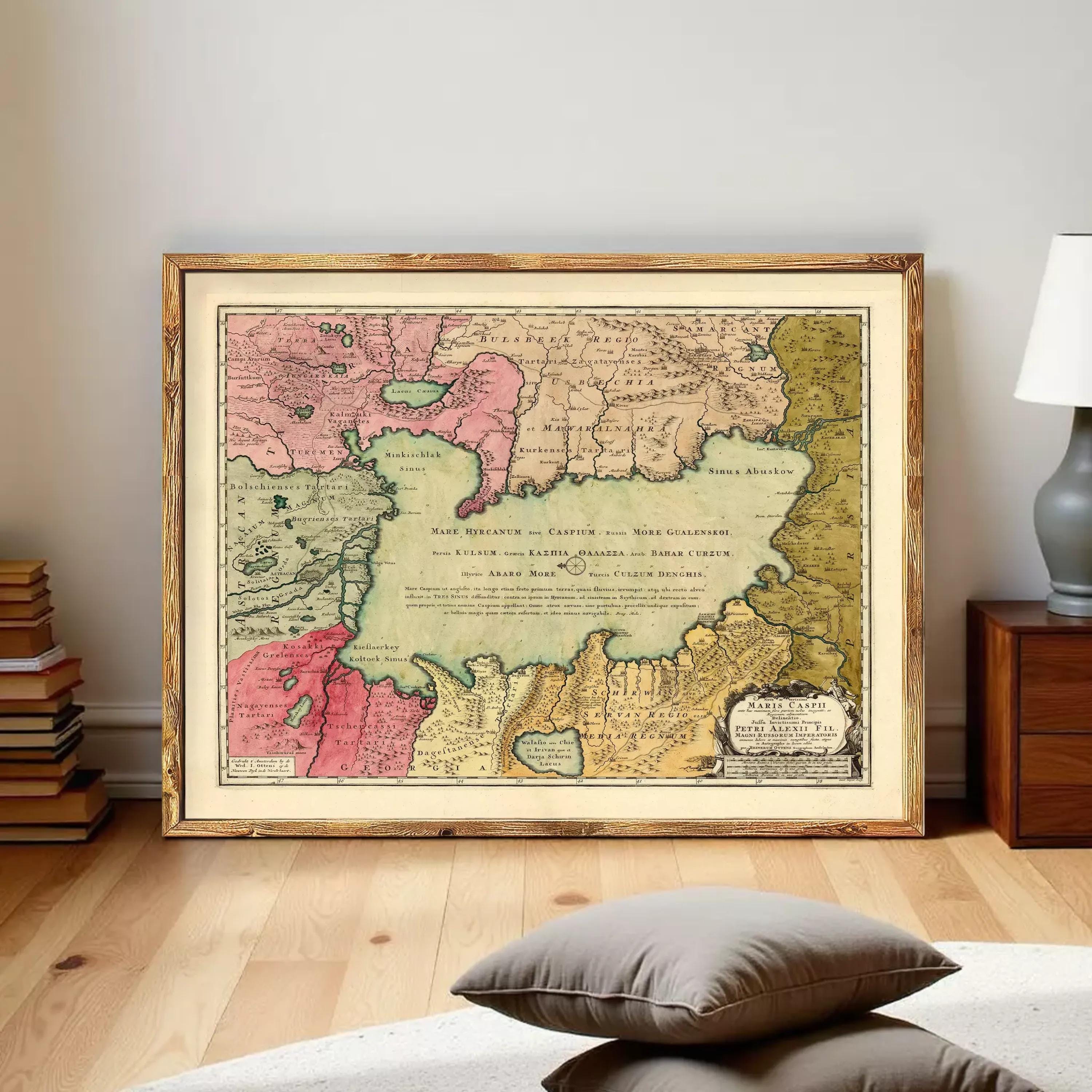 The image is a framed vintage map of the Middle East and North Africa, depicting various regions and countries in different colors.