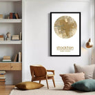 A framed map of Stockton, California, with the city's location and coordinates printed on it.