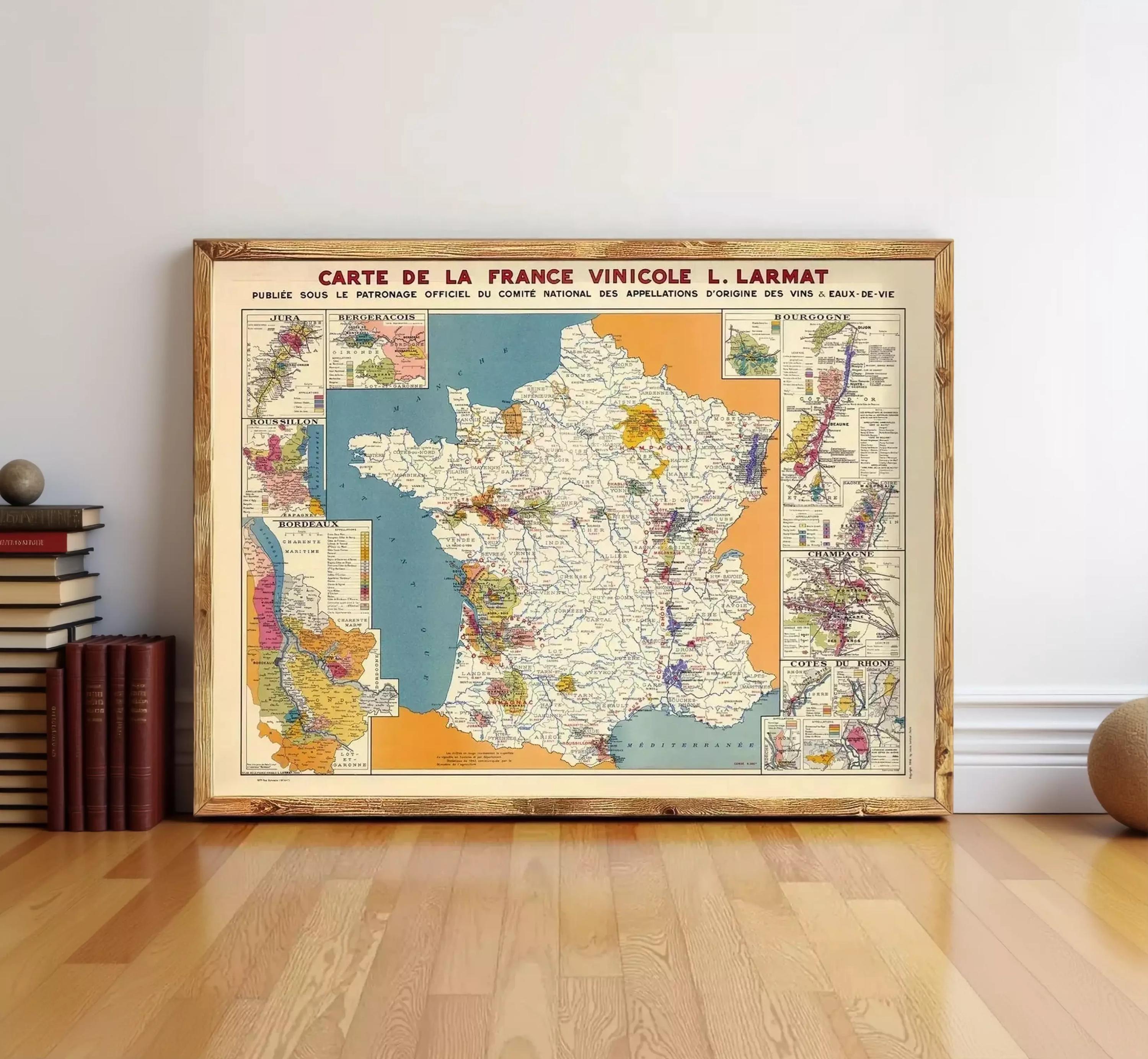 The image is a framed vintage map of France, depicting various regions and their wine production.