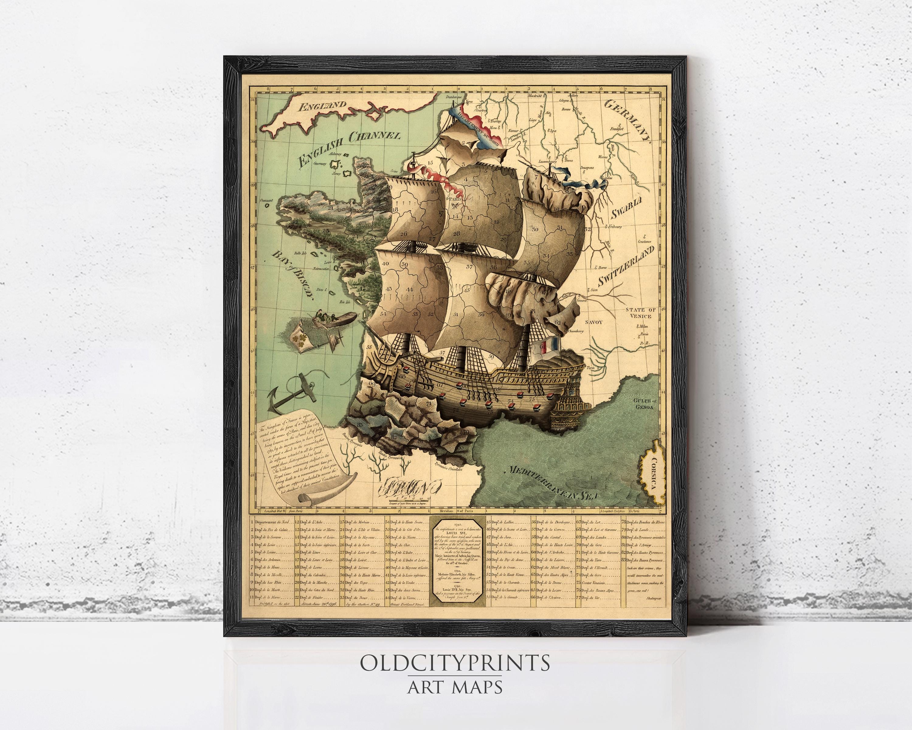 The image is a framed vintage map of Europe, depicting a sailing ship and various geographical elements.