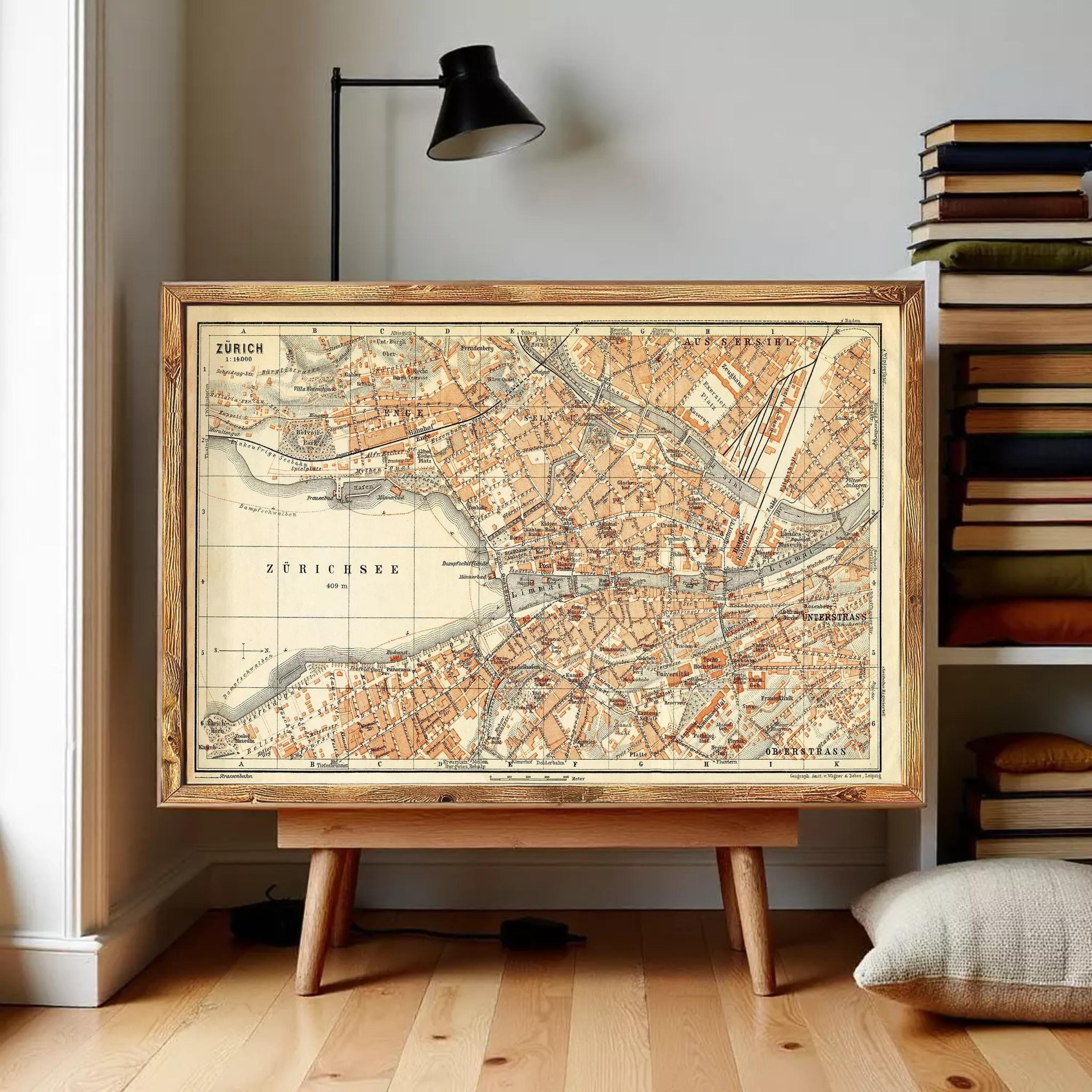 The image is a framed vintage map of the city of Zurich, Switzerland.
