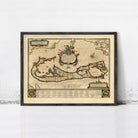 The image is a framed antique map of the Caribbean, featuring intricate details and a decorative border.
