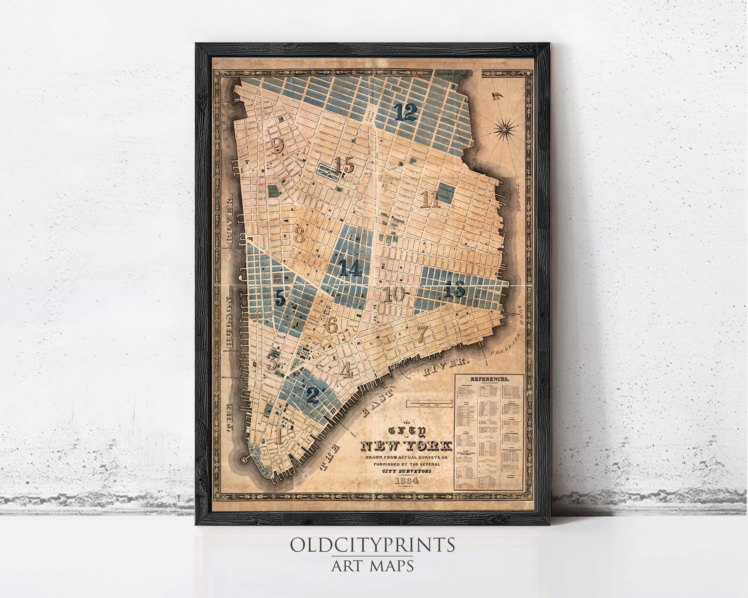 The image is a framed antique map of New York City from the year 1822.