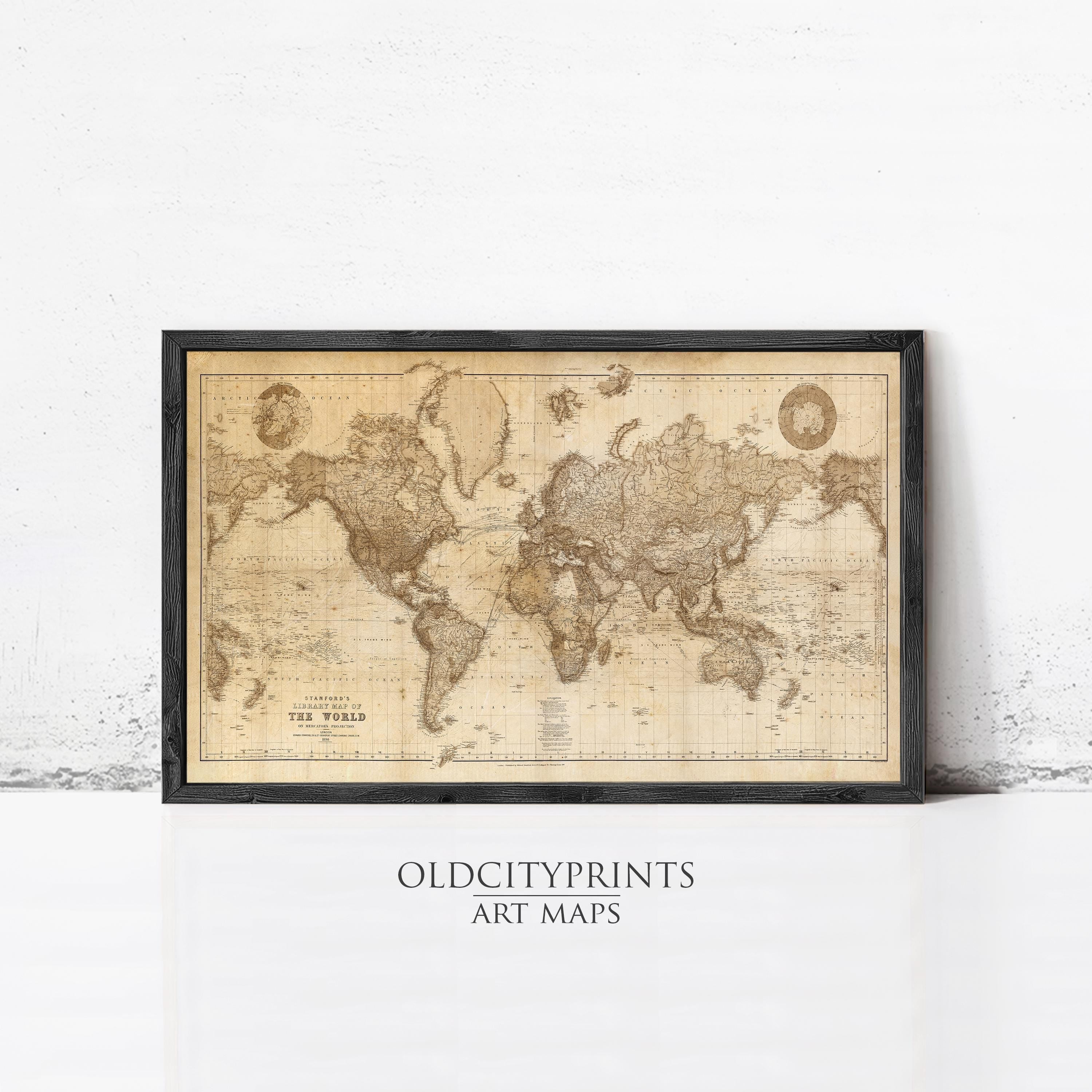 Vintage World Map Print: 1898 Stanford Atlas, Mercator Projection