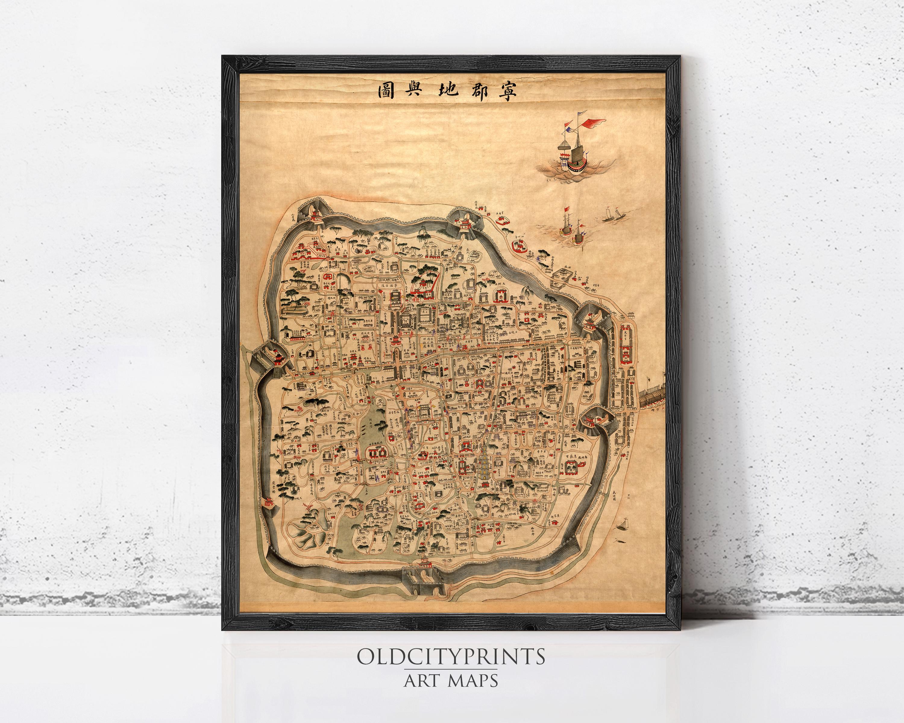 The image is a framed art print depicting a detailed map of an old city, likely from China, with various landmarks and streets labeled.