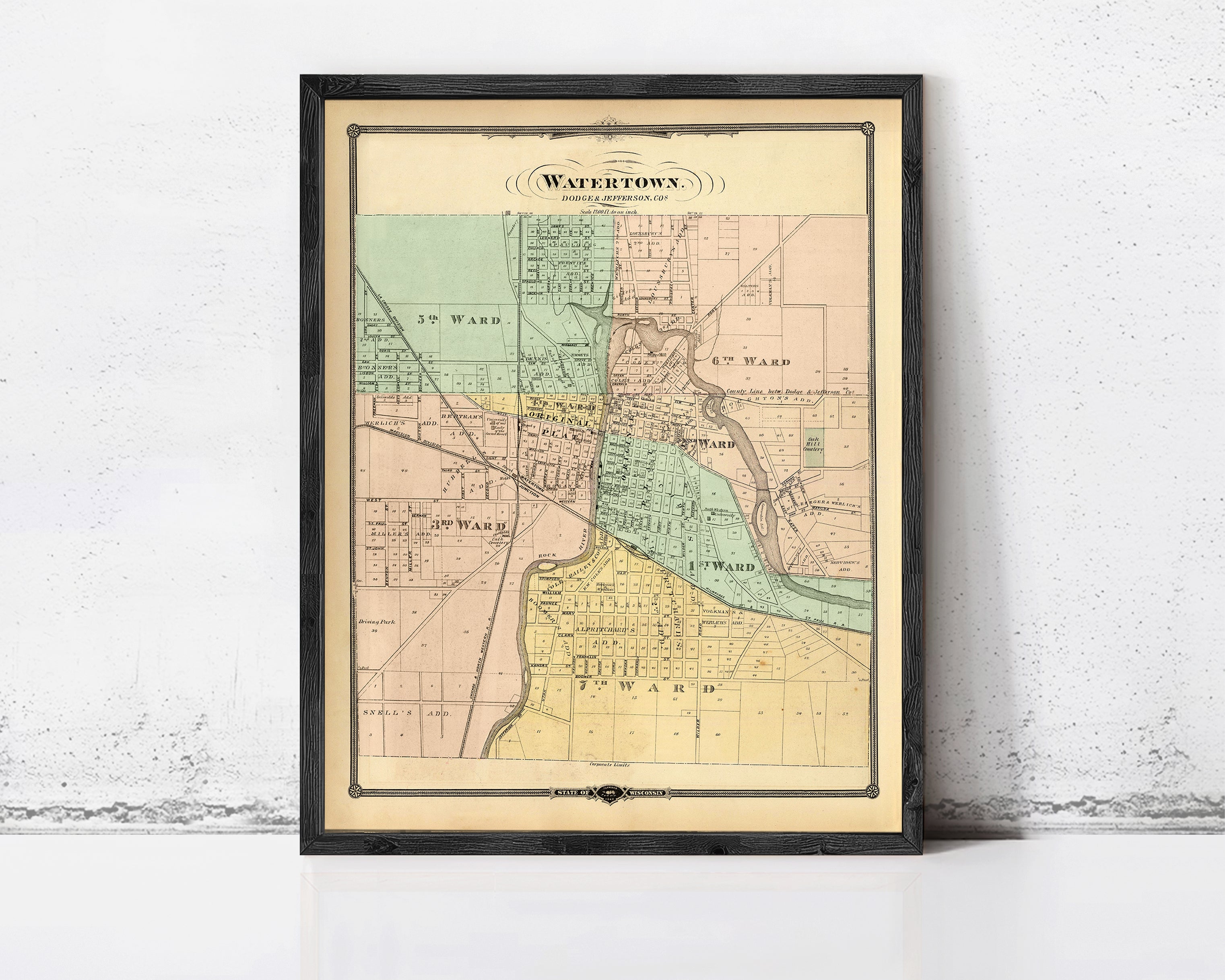 The image is a framed map of Watertown, Pennsylvania, showing the layout of the town and surrounding areas.
