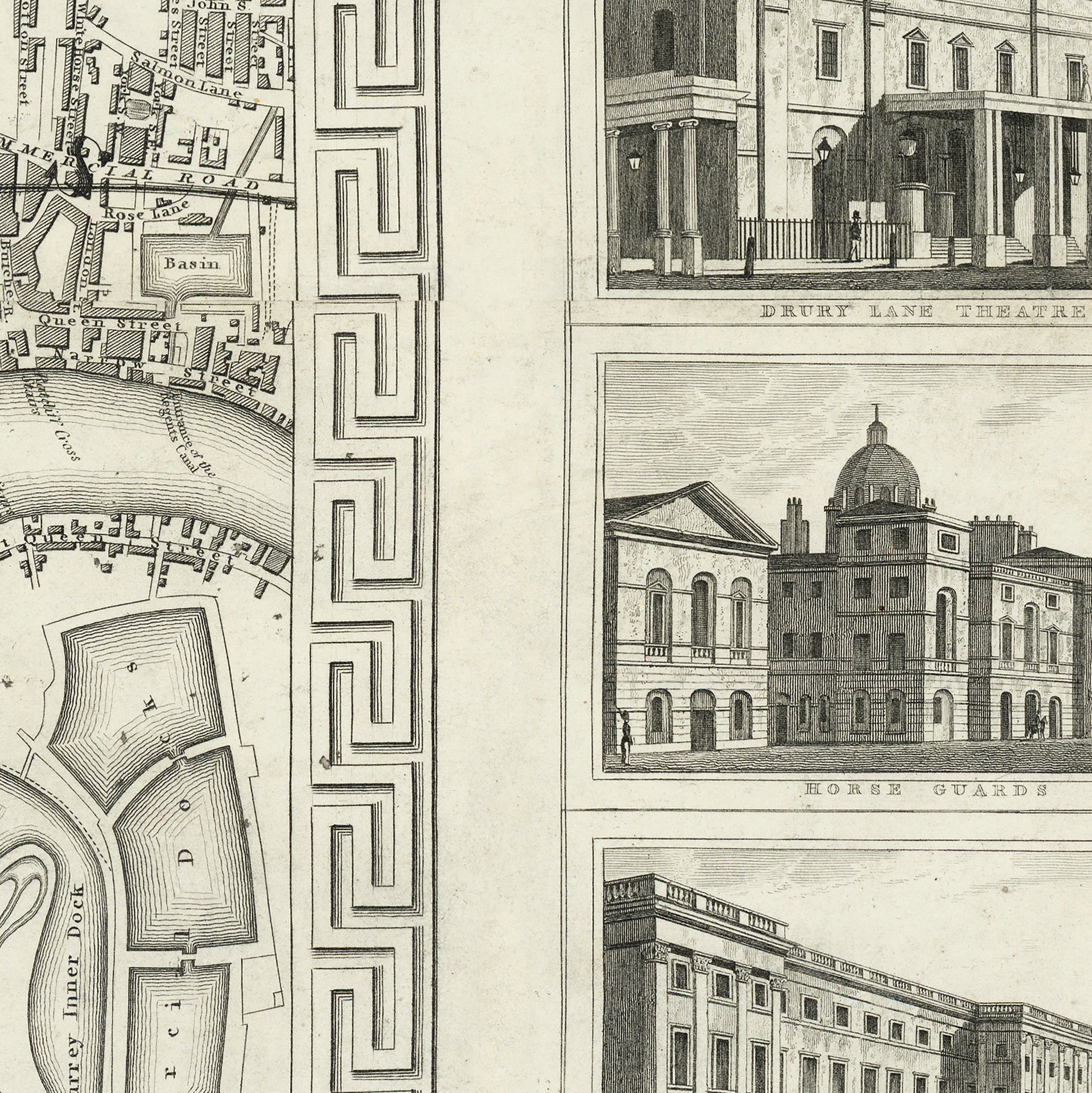 The image is a detailed illustration of a cityscape, featuring various architectural structures such as buildings, a horse stable, and a theater.
