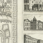 The image is a detailed illustration of a cityscape, featuring various architectural structures such as buildings, a horse stable, and a theater.