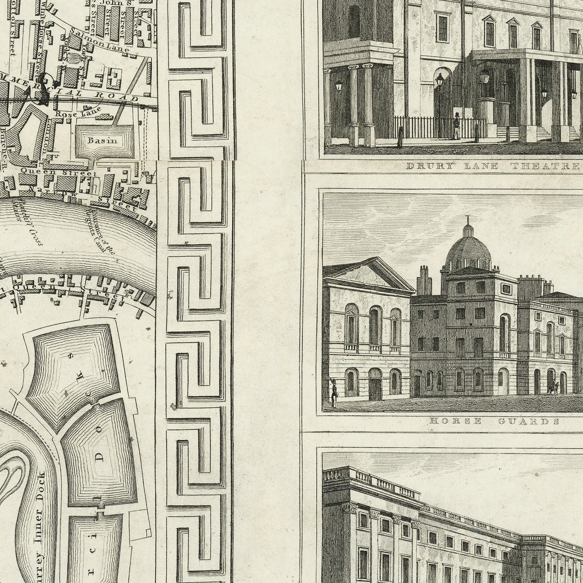 The image is a detailed illustration of a cityscape, featuring various architectural structures such as buildings, a horse stable, and a theater.