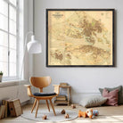 a large framed map of Stockholm, Sweden, hanging on a wall in a cozy living room setting.