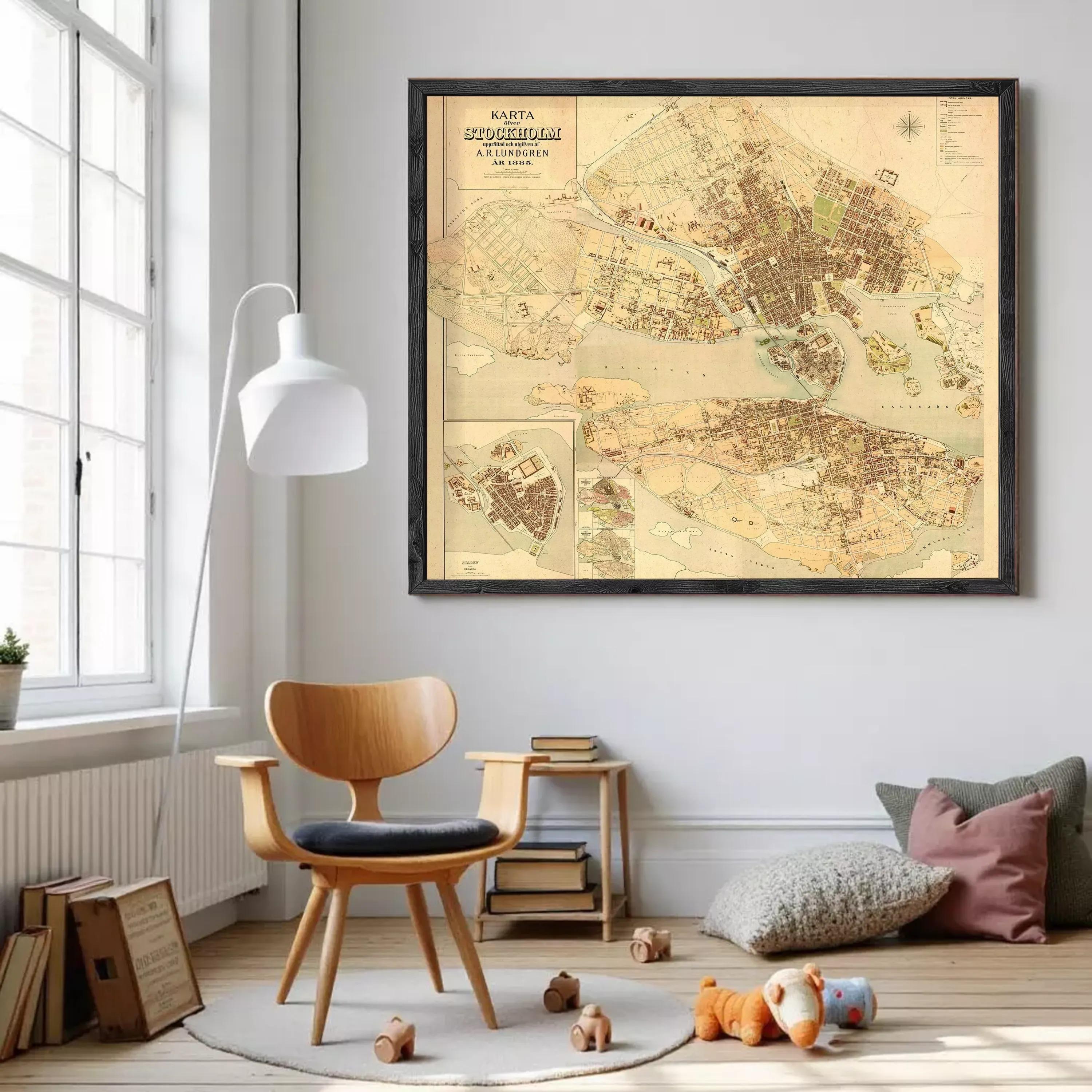 a large framed map of Stockholm, Sweden, hanging on a wall in a cozy living room setting.