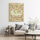 a vintage-style map of the world hanging on a wall, with a cozy living room setting below it.