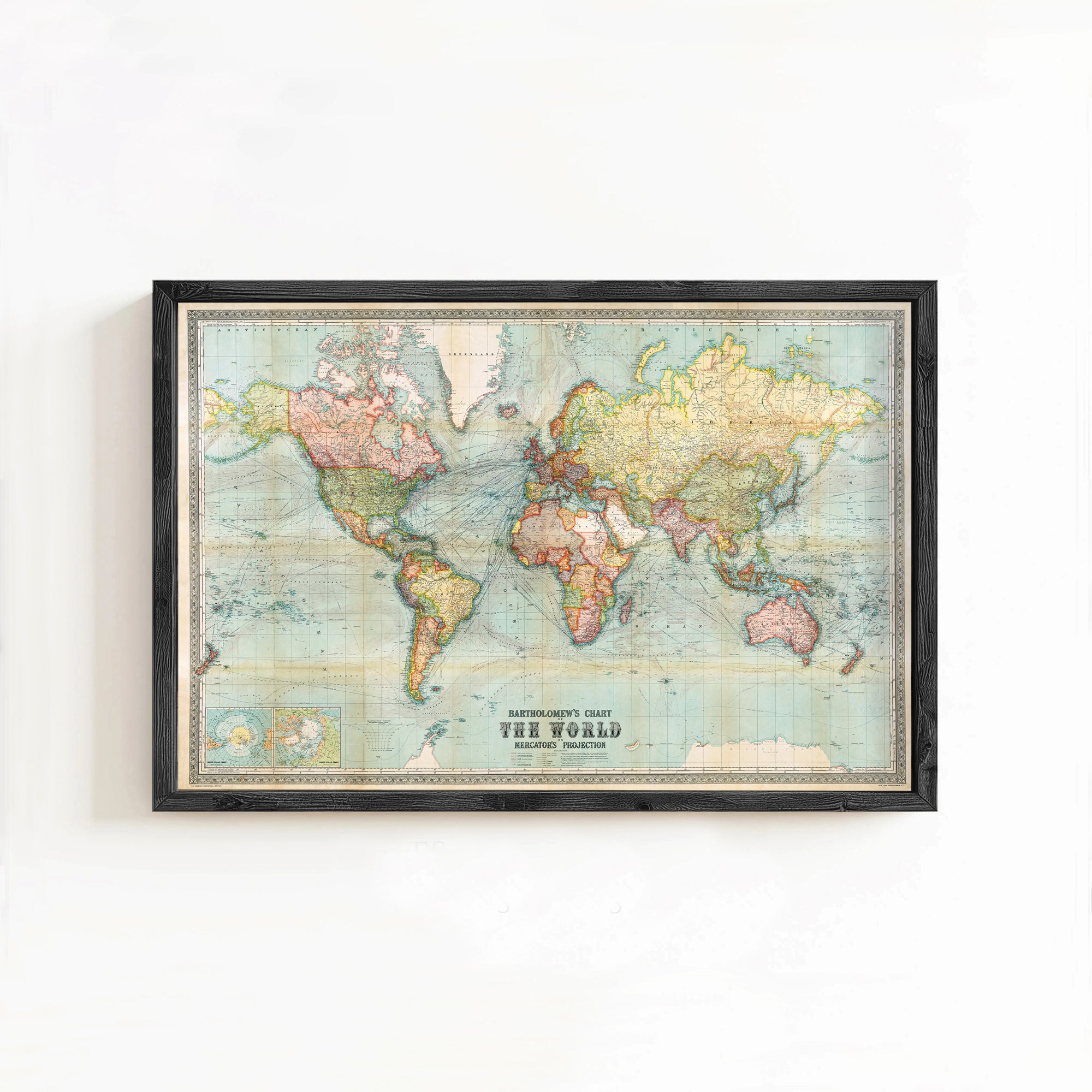 The image is a framed vintage world map depicting the continents and oceans, with the title "The World" at the bottom.