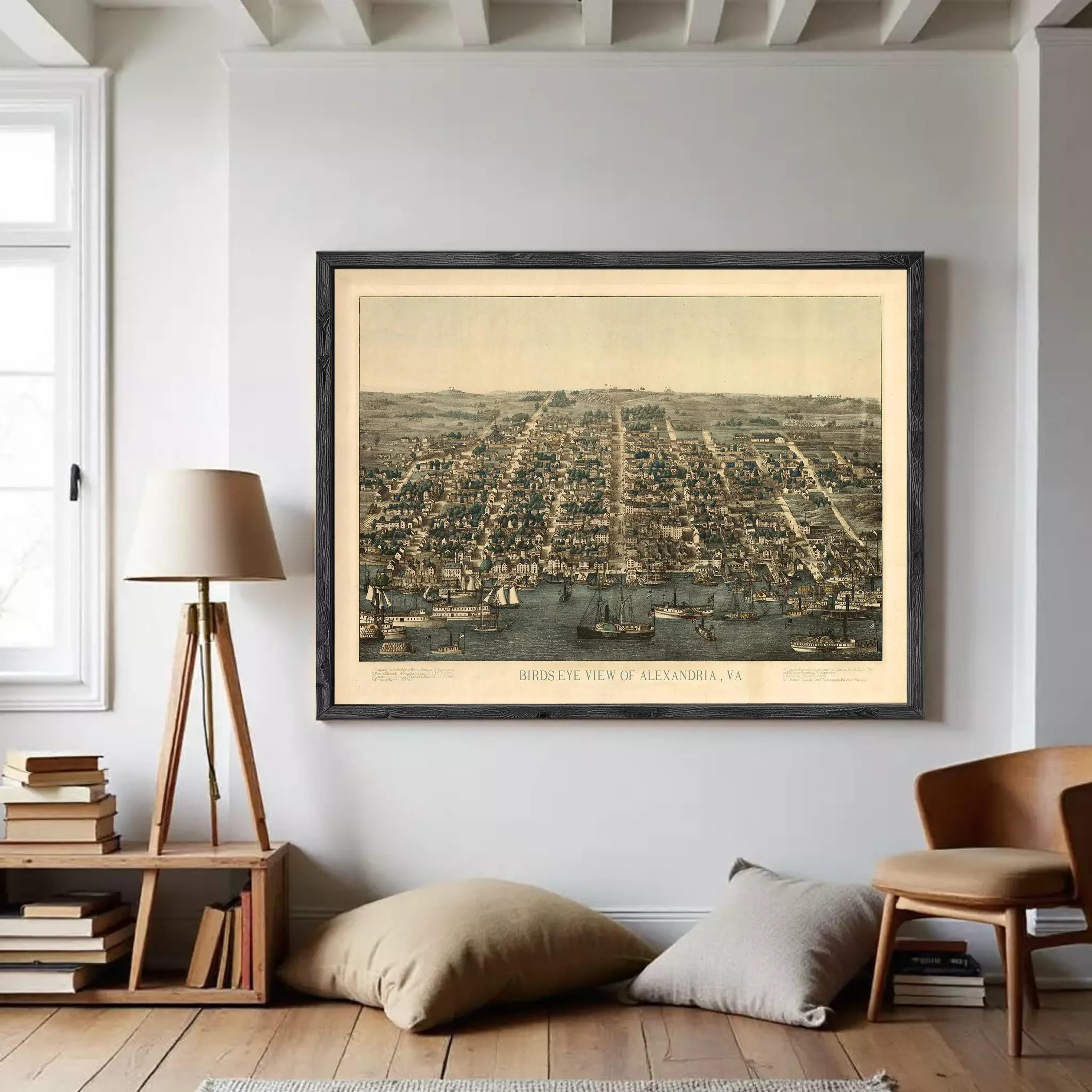 The image is a framed print depicting a bird's eye view of a city, likely Alexandria, Virginia.
