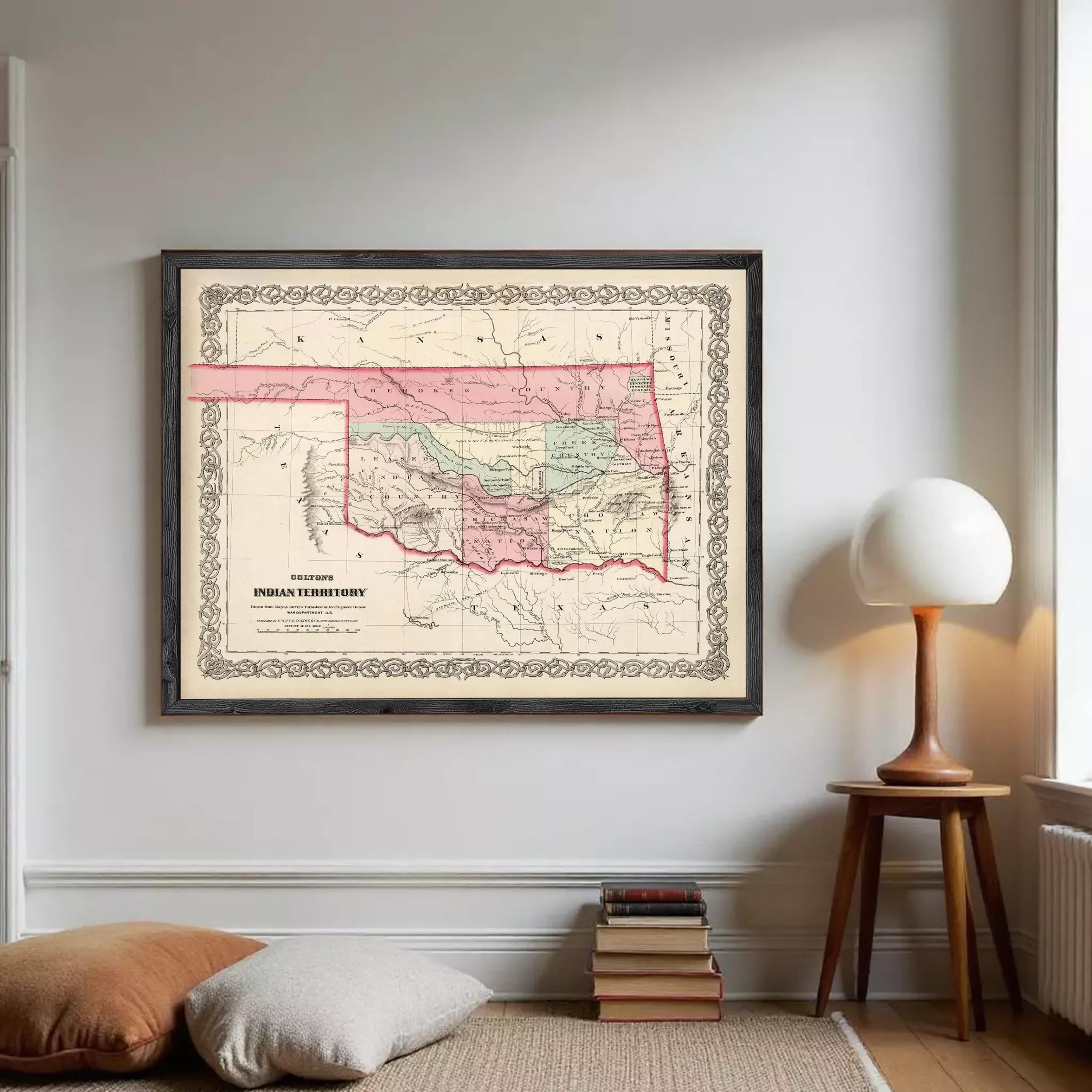 The image is a framed antique map of the Indian Territory, which is a region in the western United States that includes parts of Oklahoma, Texas, and other nearby states.