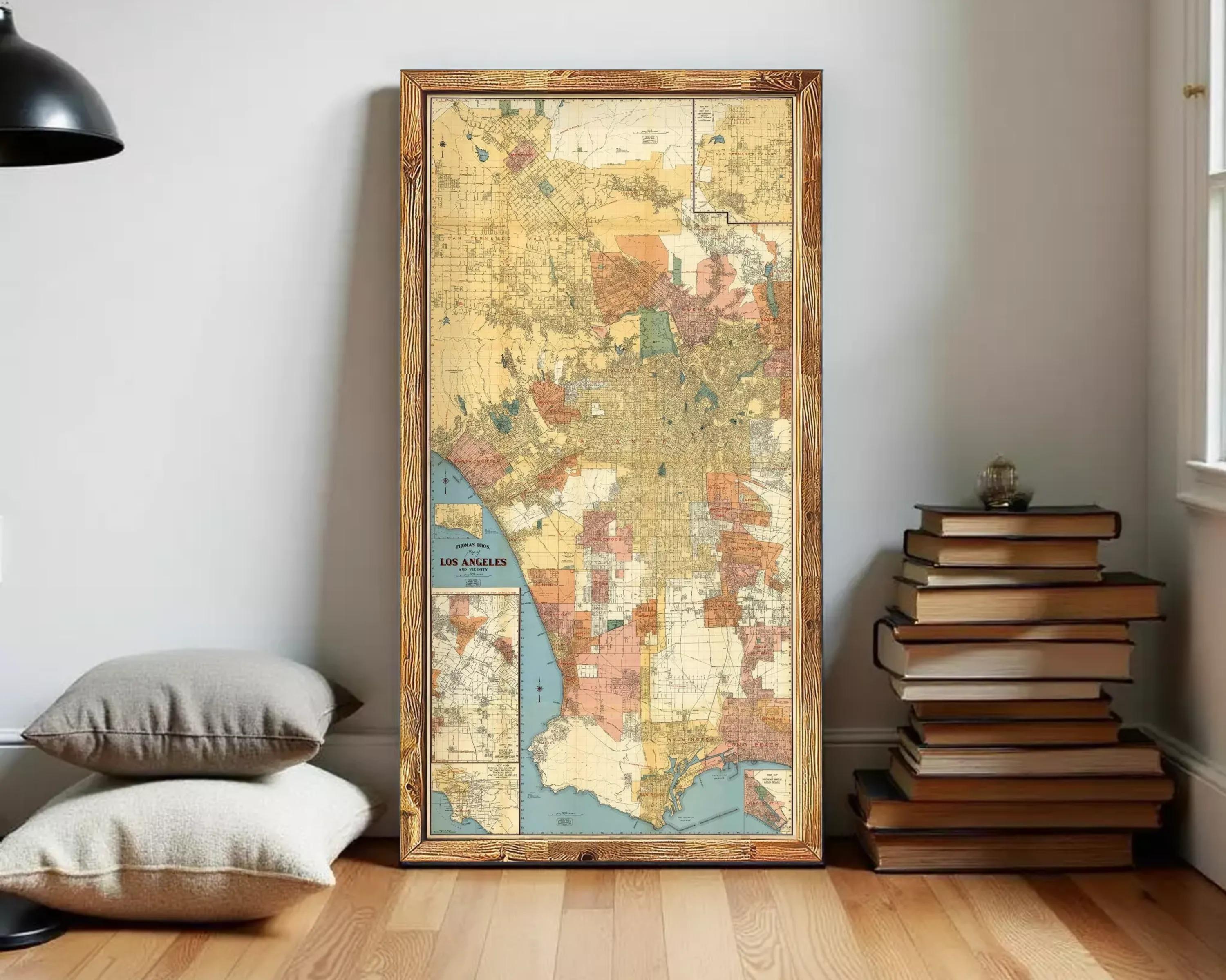 a framed vintage map of Los Angeles, California, with a wooden frame.