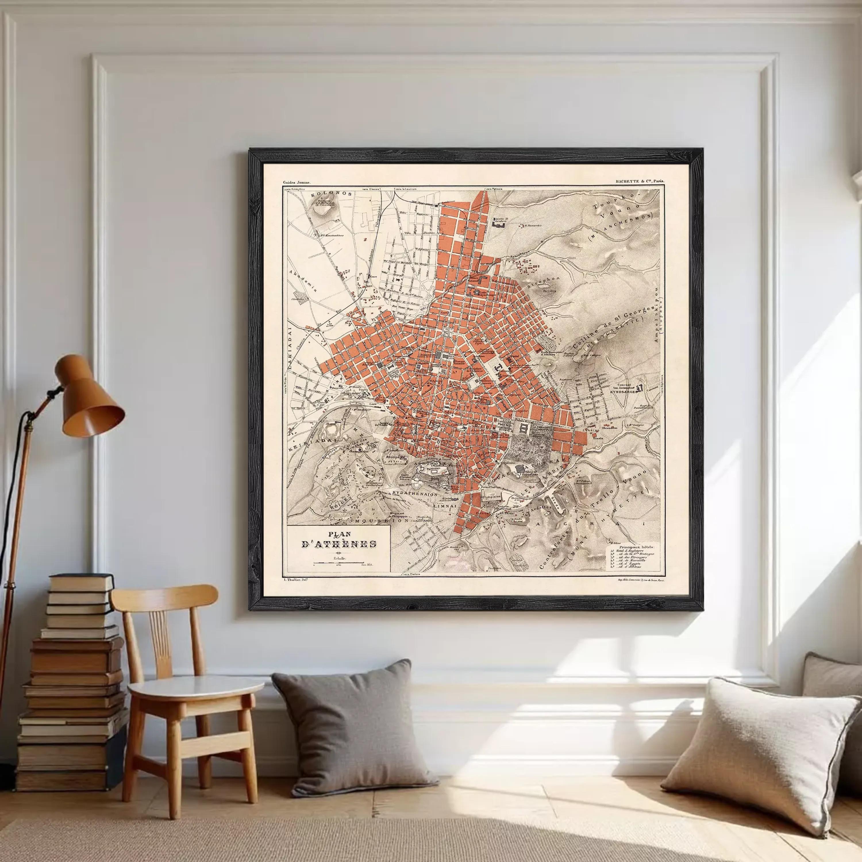 The image is a framed vintage map of the city of Athens, Greece, depicting the city's streets and landmarks in a detailed and colorful manner.