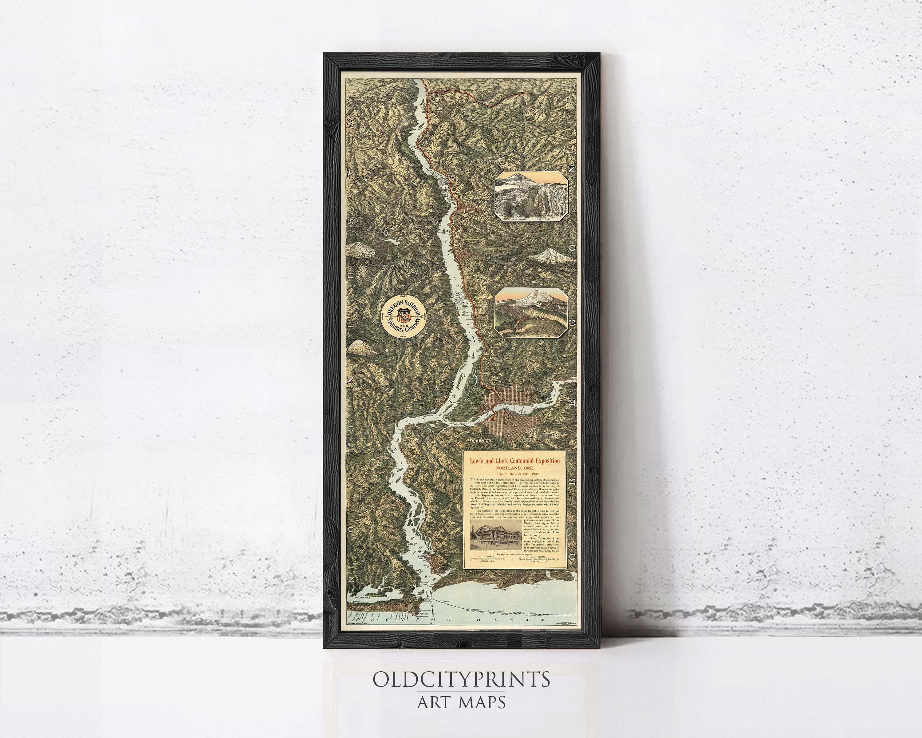 The image is a framed art print depicting a detailed map of a mountainous region, with various landmarks and geographical features labeled.
