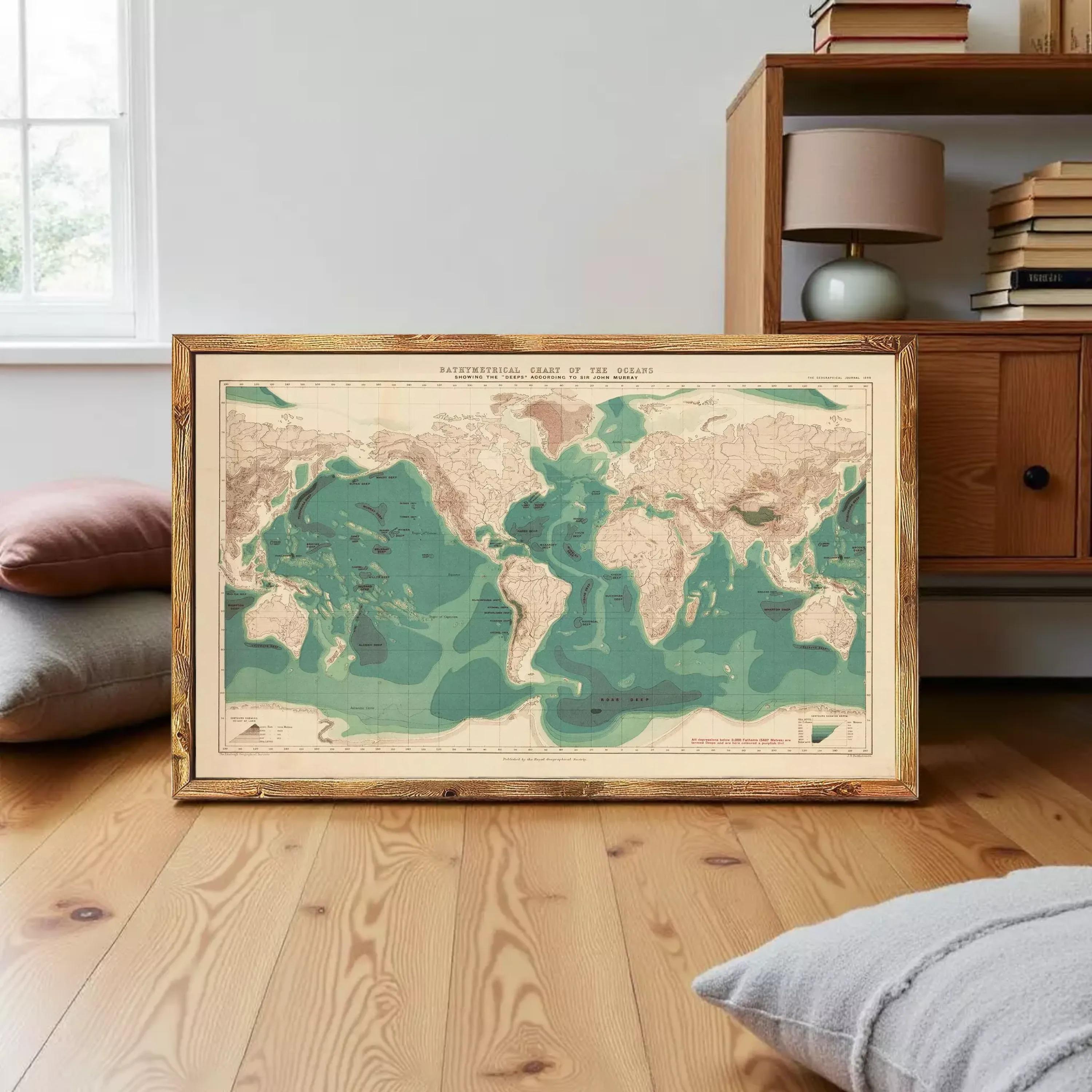 The image is a framed map of the world, depicting the oceans and continents in a vintage style.