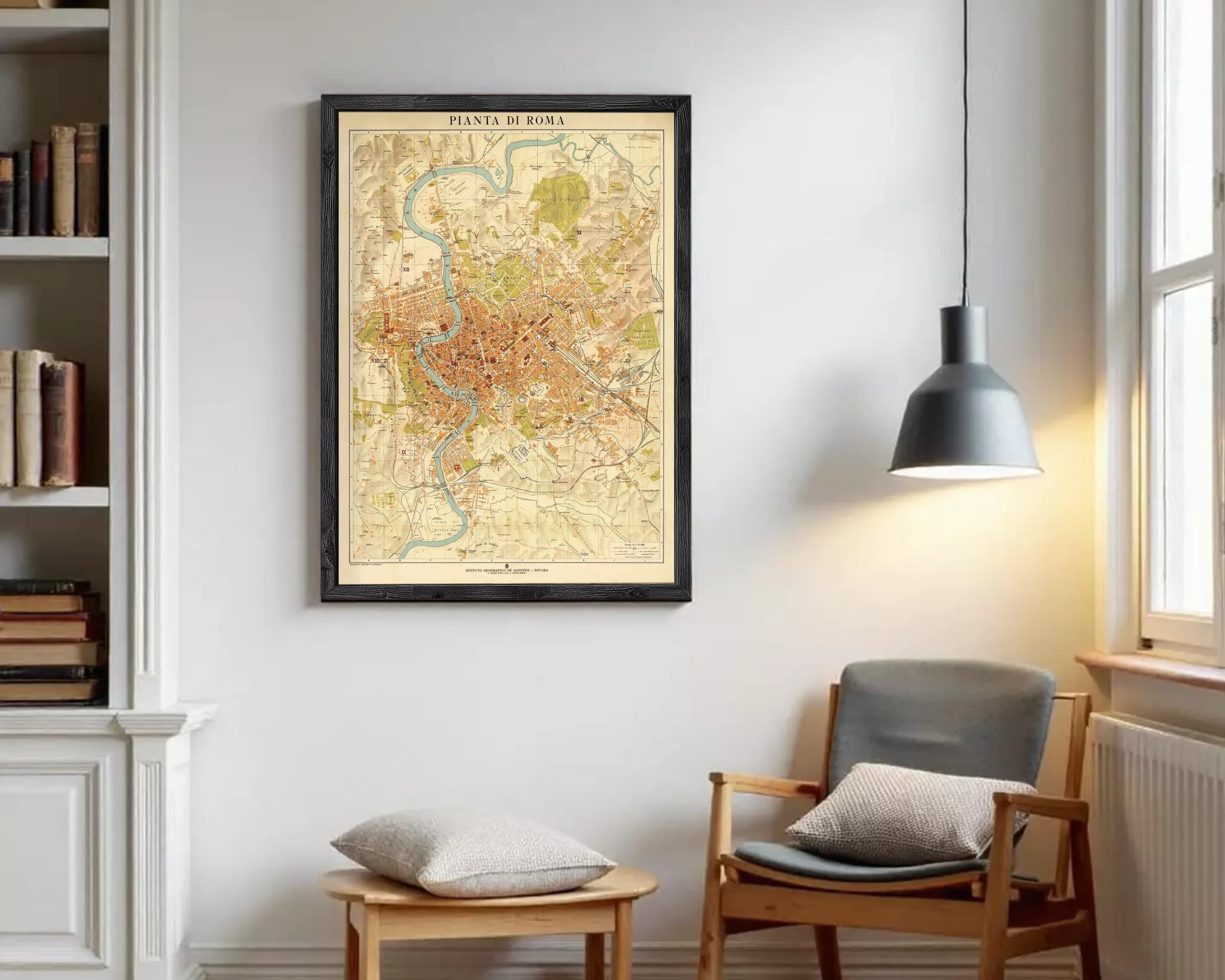 The image is a framed map of Rome, Italy, depicting the city's streets, landmarks, and surrounding areas.