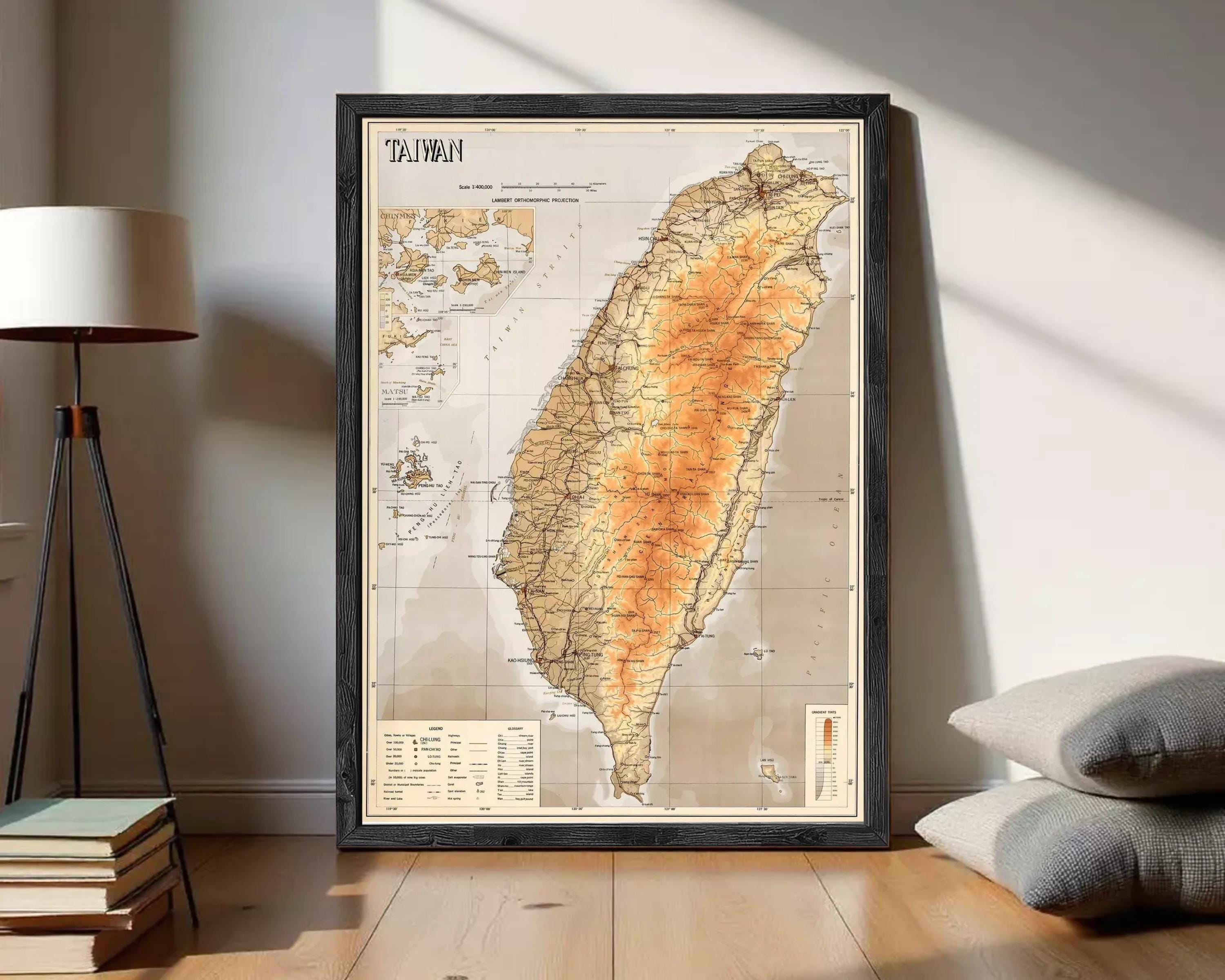 The image is a framed map of Taiwan, depicting the country's geographical layout and surrounding areas.