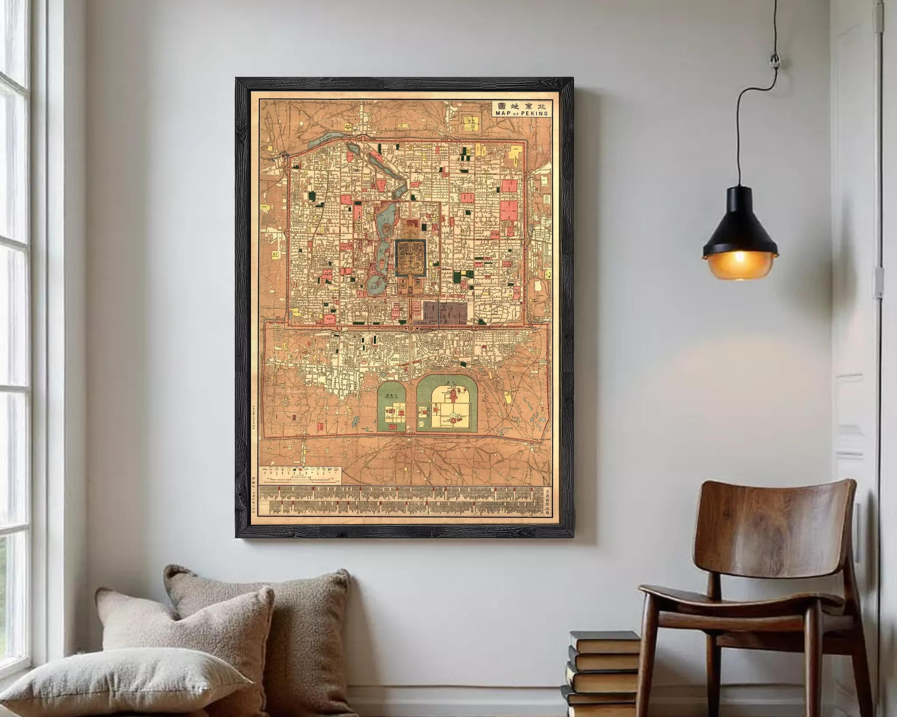 The image is a framed antique map of a city, likely from the 19th century, with intricate details and a vintage appearance.
