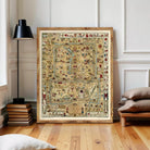 a large, framed map of a historical city, with various landmarks and buildings depicted in intricate detail.