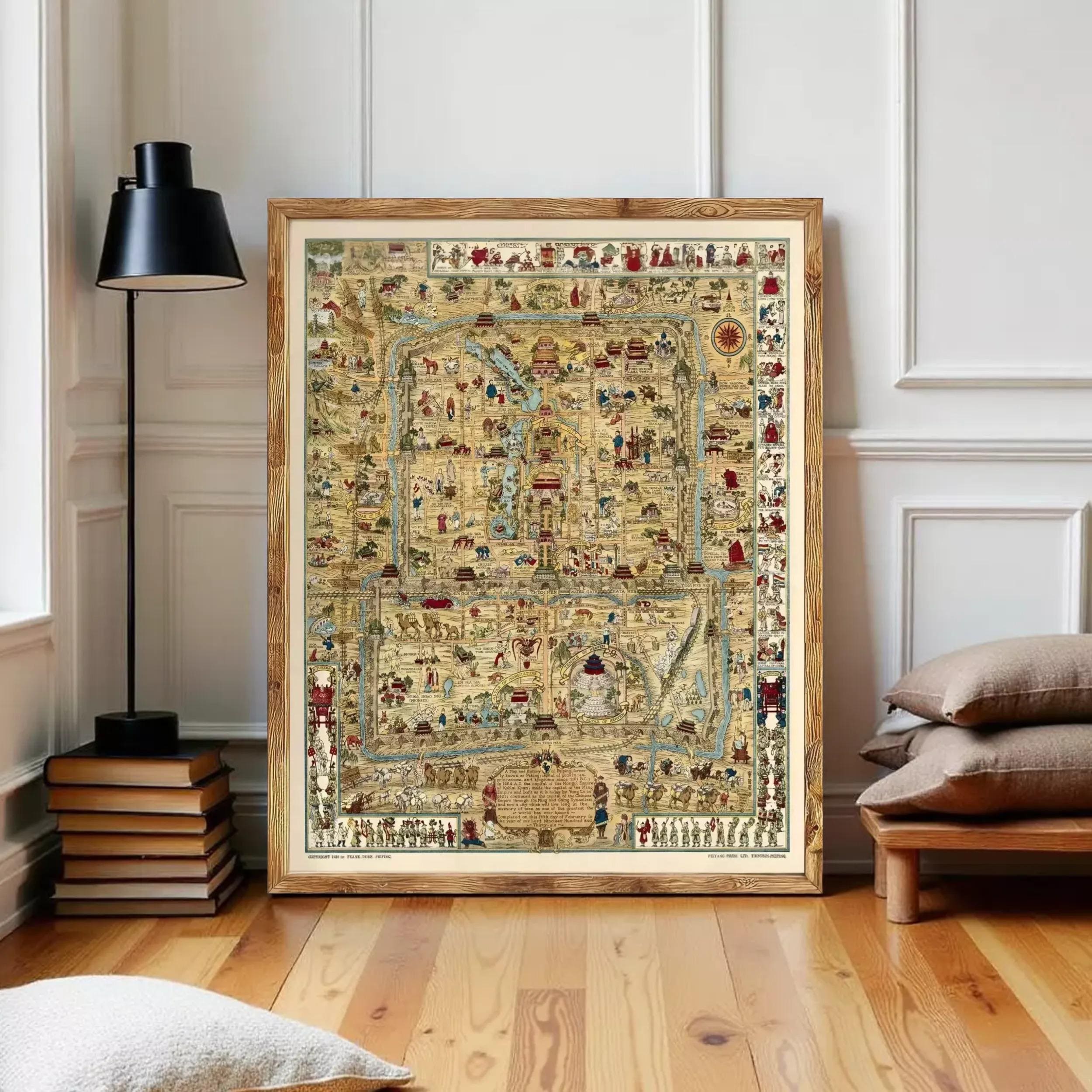 a large, framed map of a historical city, with various landmarks and buildings depicted in intricate detail.