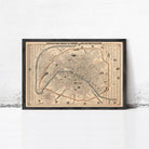 The image is a framed vintage map of Paris, France, depicting the city's streets and landmarks.