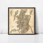 The image is a framed map of Scotland, showing the country's geographical layout and surrounding areas.