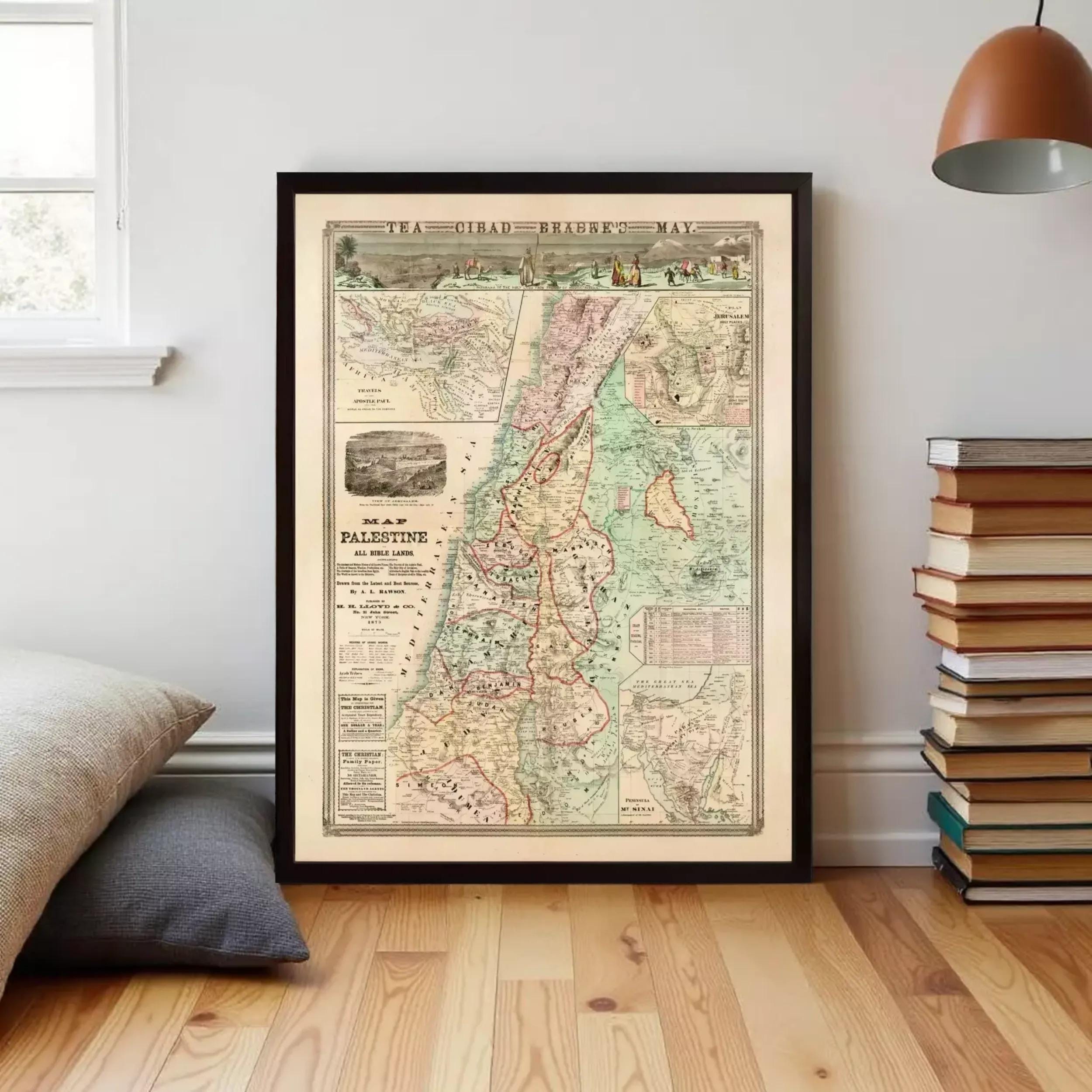 The image is a framed historical map of the Middle East, specifically focusing on the region of Palestine.