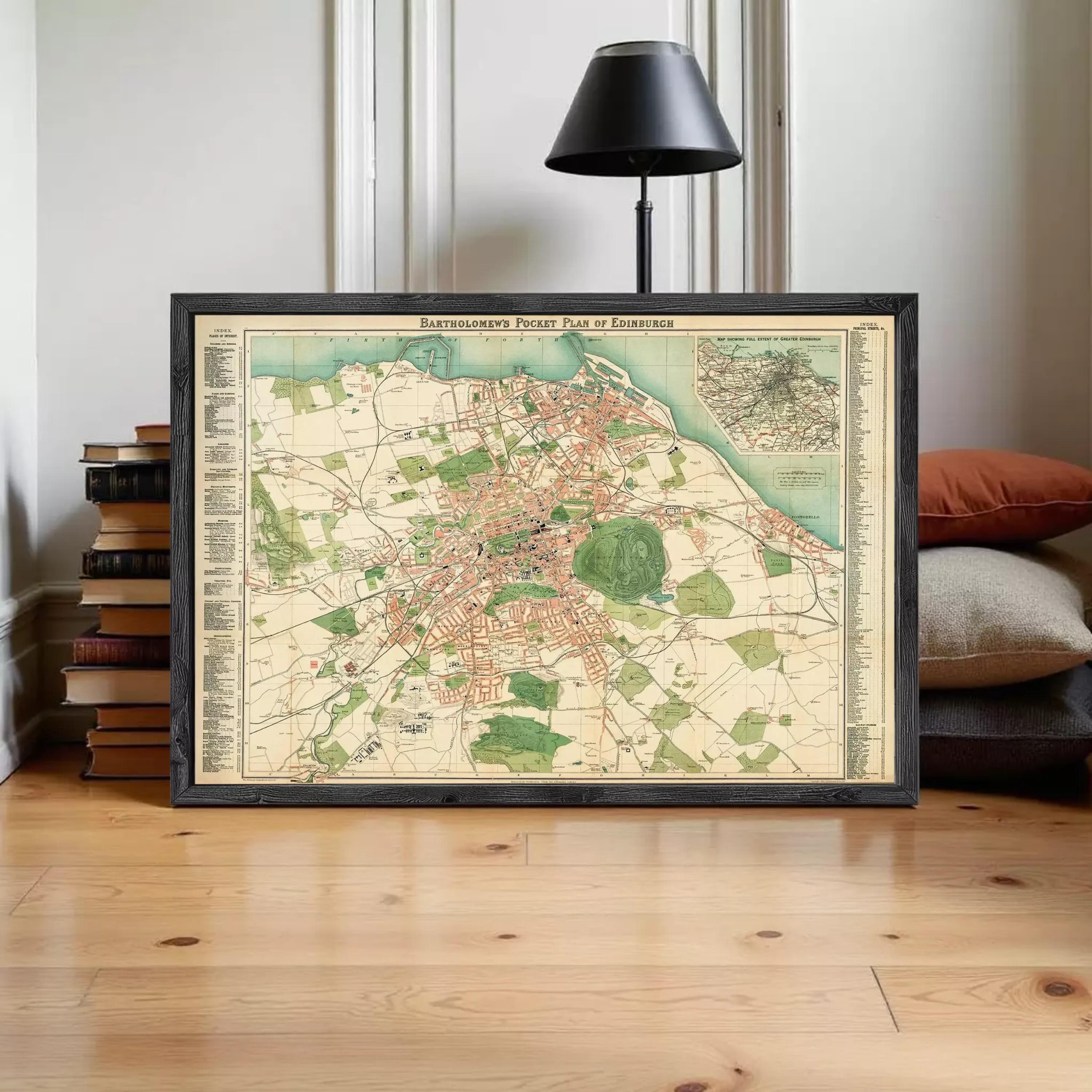 The image is a framed vintage map of Edinburgh, Scotland, depicting the city's layout and surrounding areas.