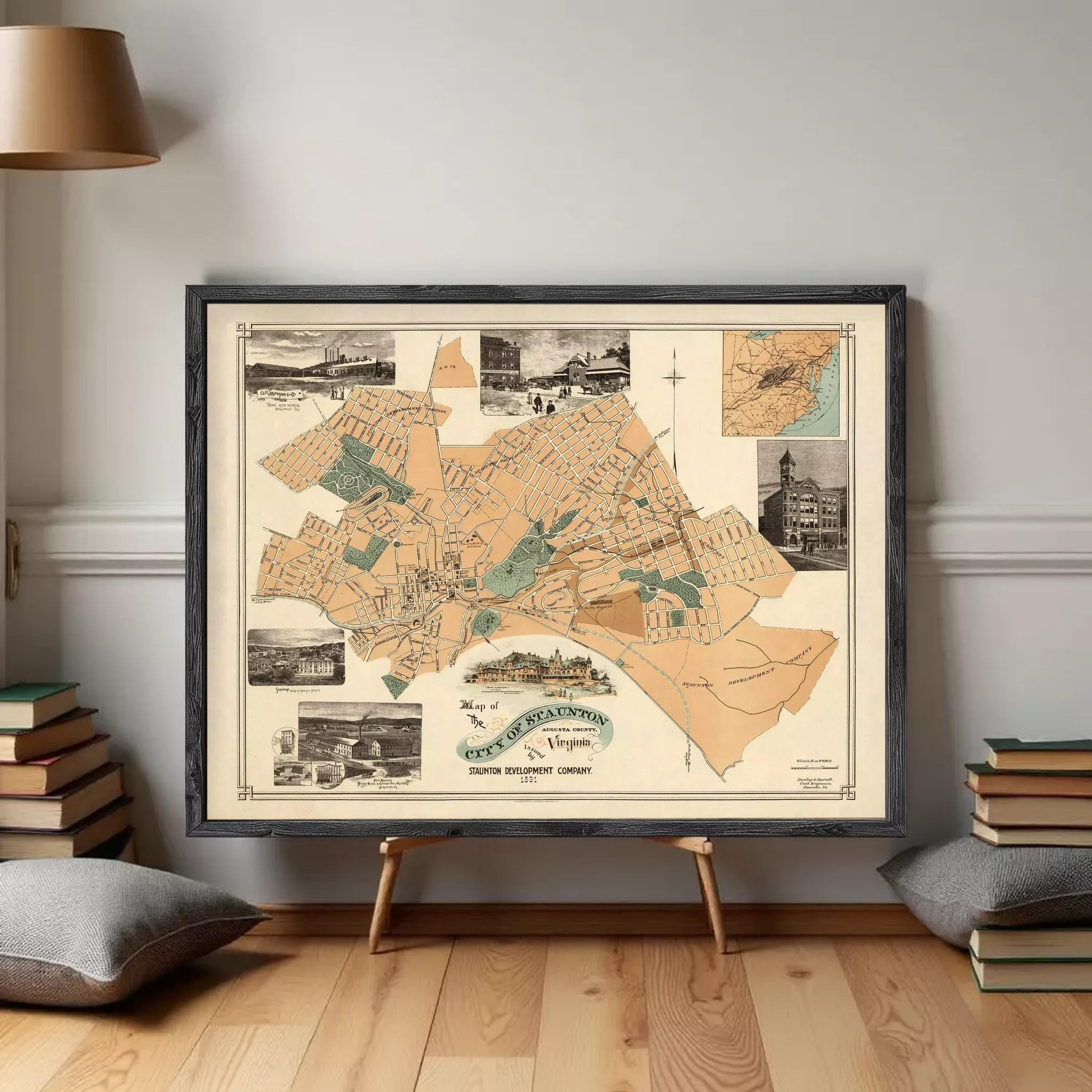 The image is a framed vintage map of the city of Philadelphia, Pennsylvania, depicting various landmarks and streets.