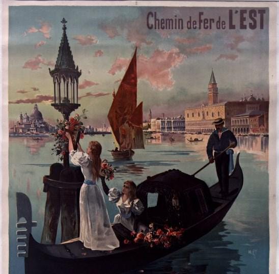The image is a vintage poster depicting a gondola with two women on board, one of whom is holding a bouquet of flowers. The background shows a cityscape with a tall tower and a church steeple, along with other boats and buildings.
