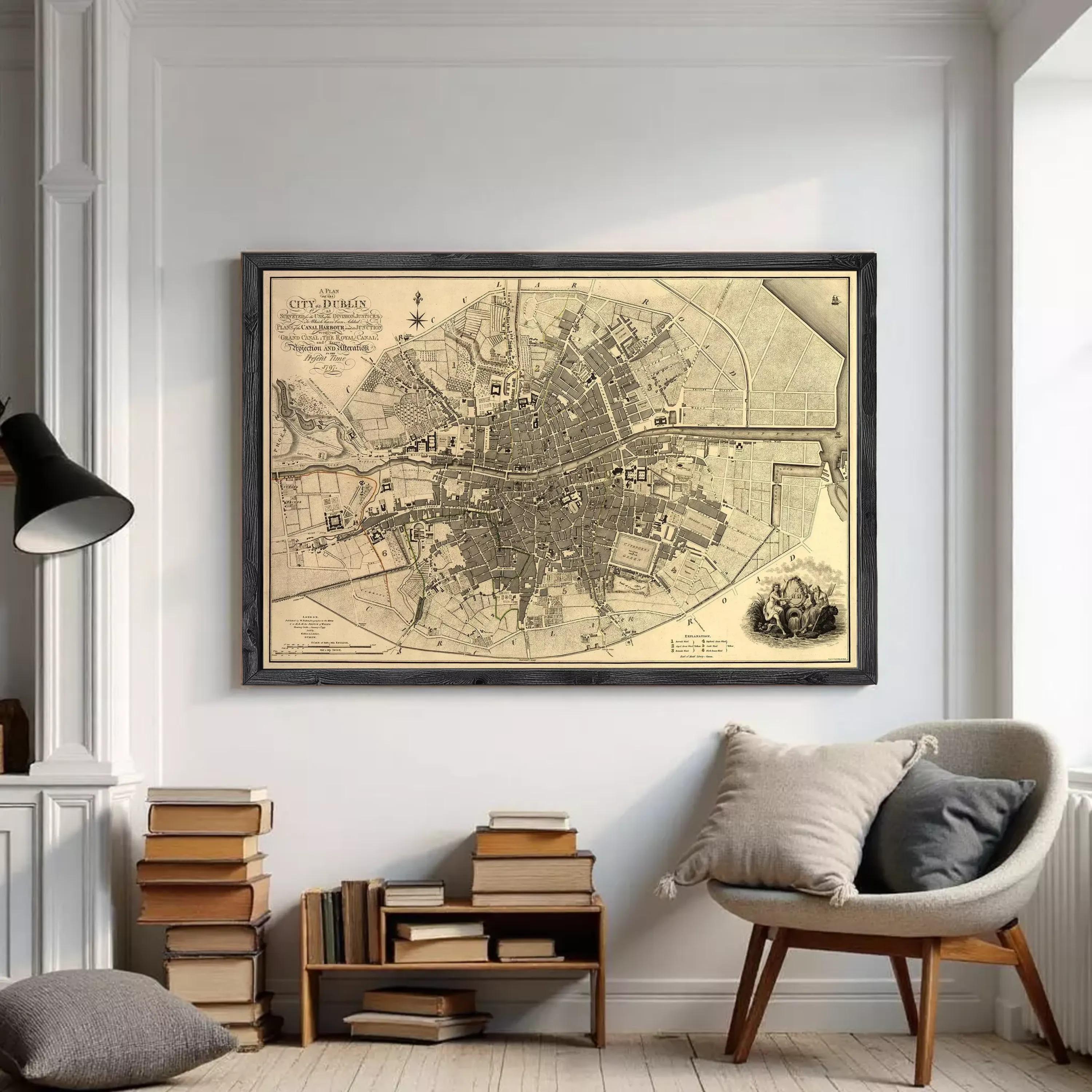 The image is a framed historical map of a city, likely Dublin, Ireland, dated 1750.