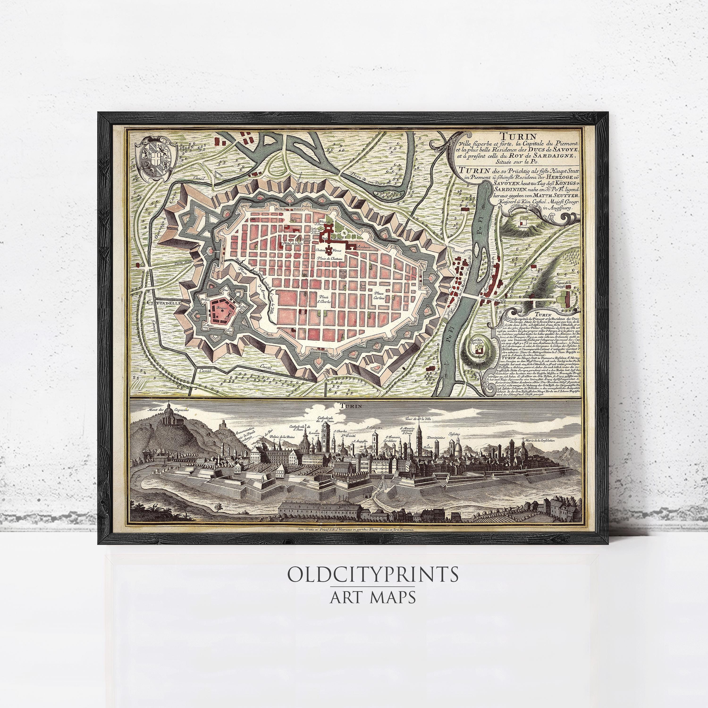 The image is a framed vintage map of a city, depicting a detailed layout of the city's streets, buildings, and surrounding landscape.