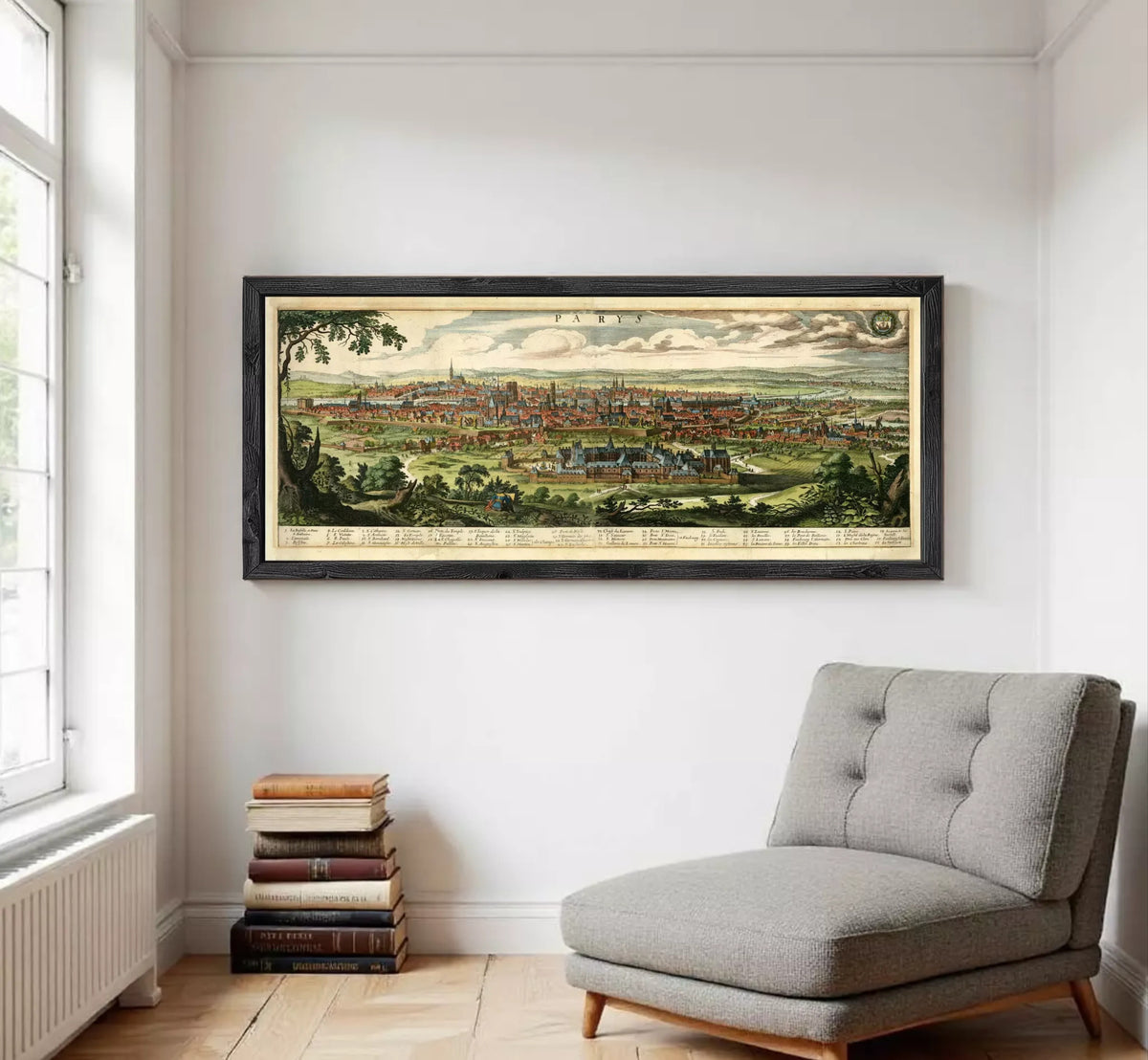 A framed illustration of a cityscape depicting a large, densely populated urban area with a mix of buildings, roads, and natural elements such as trees and grass.