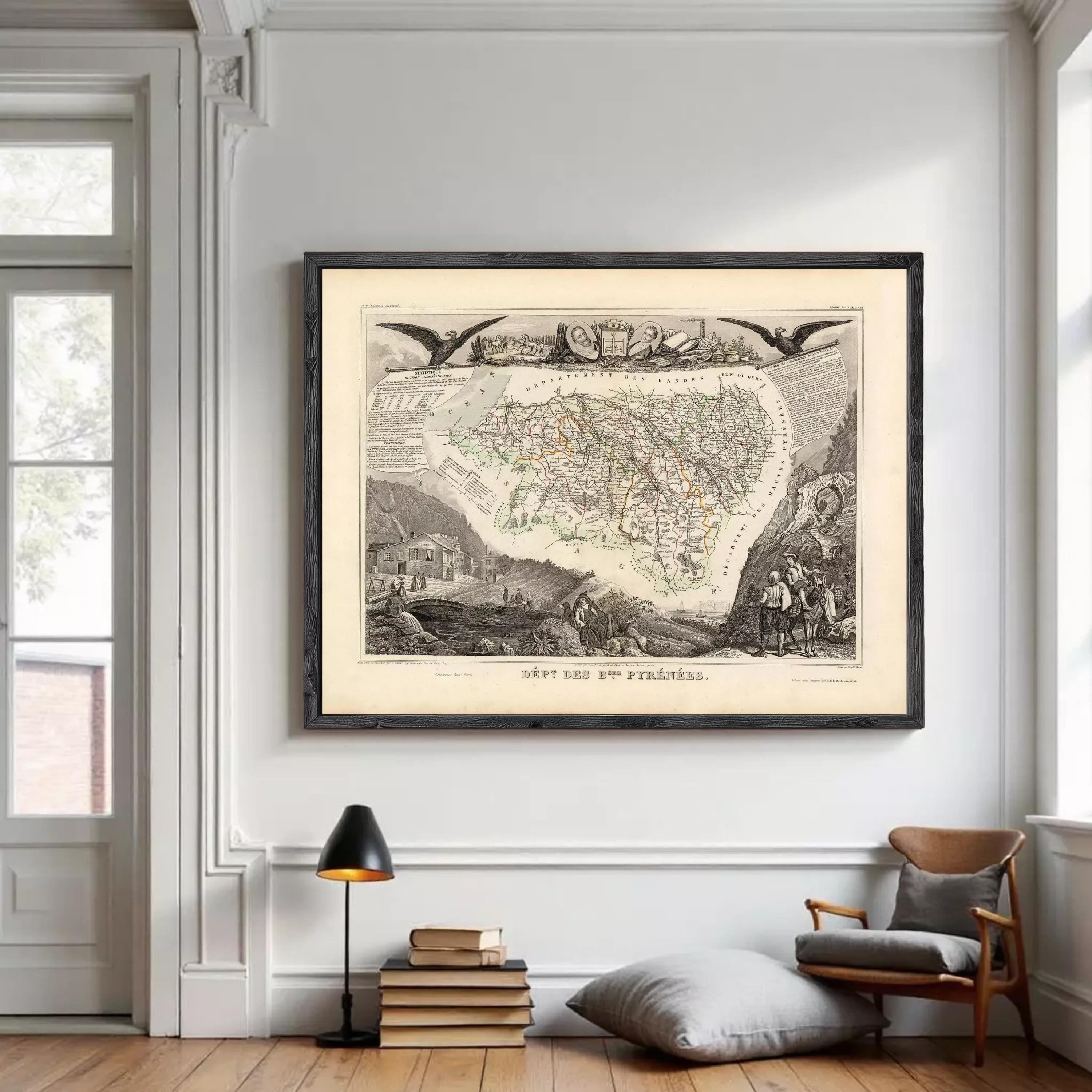 The image is a framed antique map of a region, likely depicting a historical or geographical area.