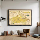 The image is a framed vintage map of Philadelphia, Pennsylvania, with a black border and yellow and brown color scheme.