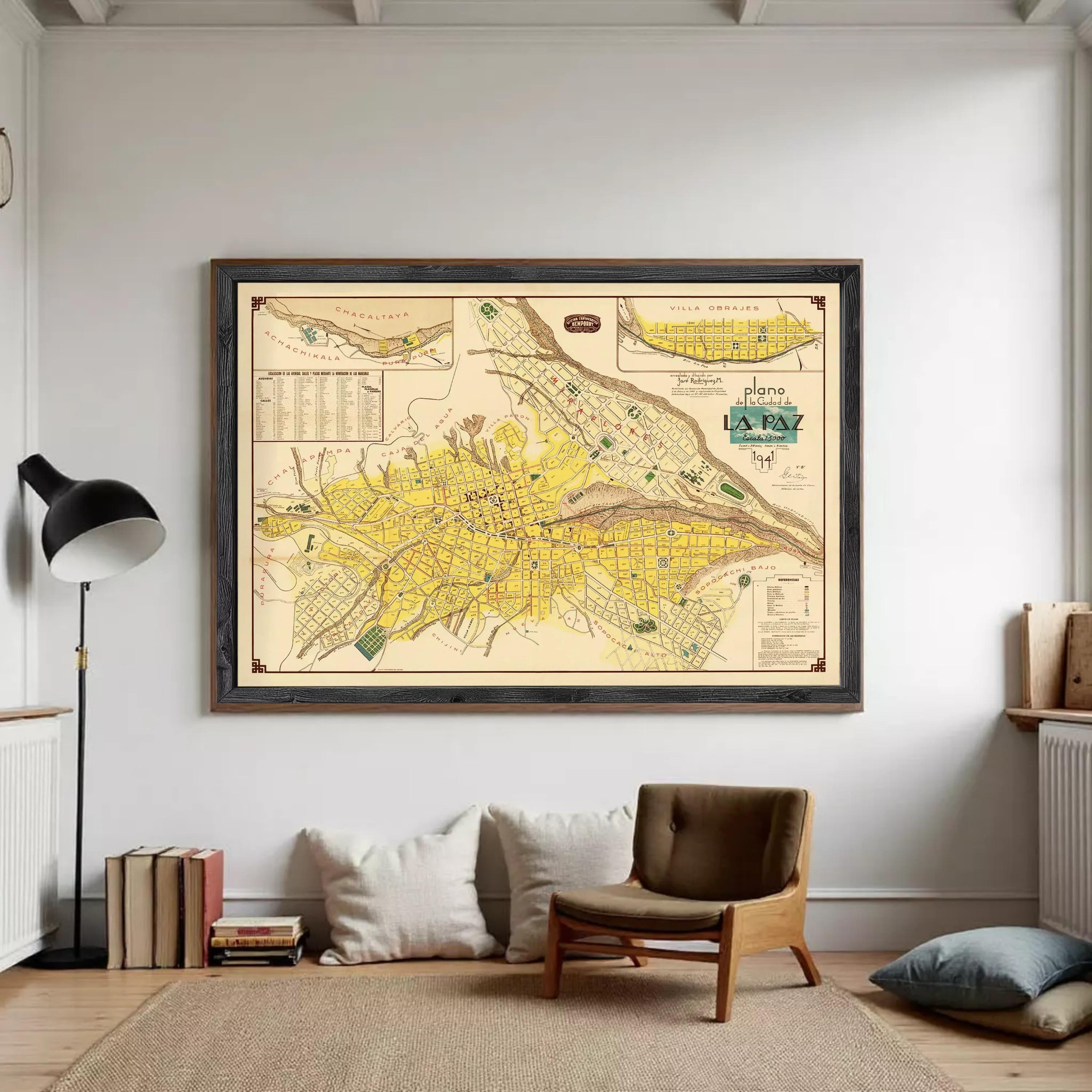 The image is a framed vintage map of Philadelphia, Pennsylvania, with a black border and yellow and brown color scheme.