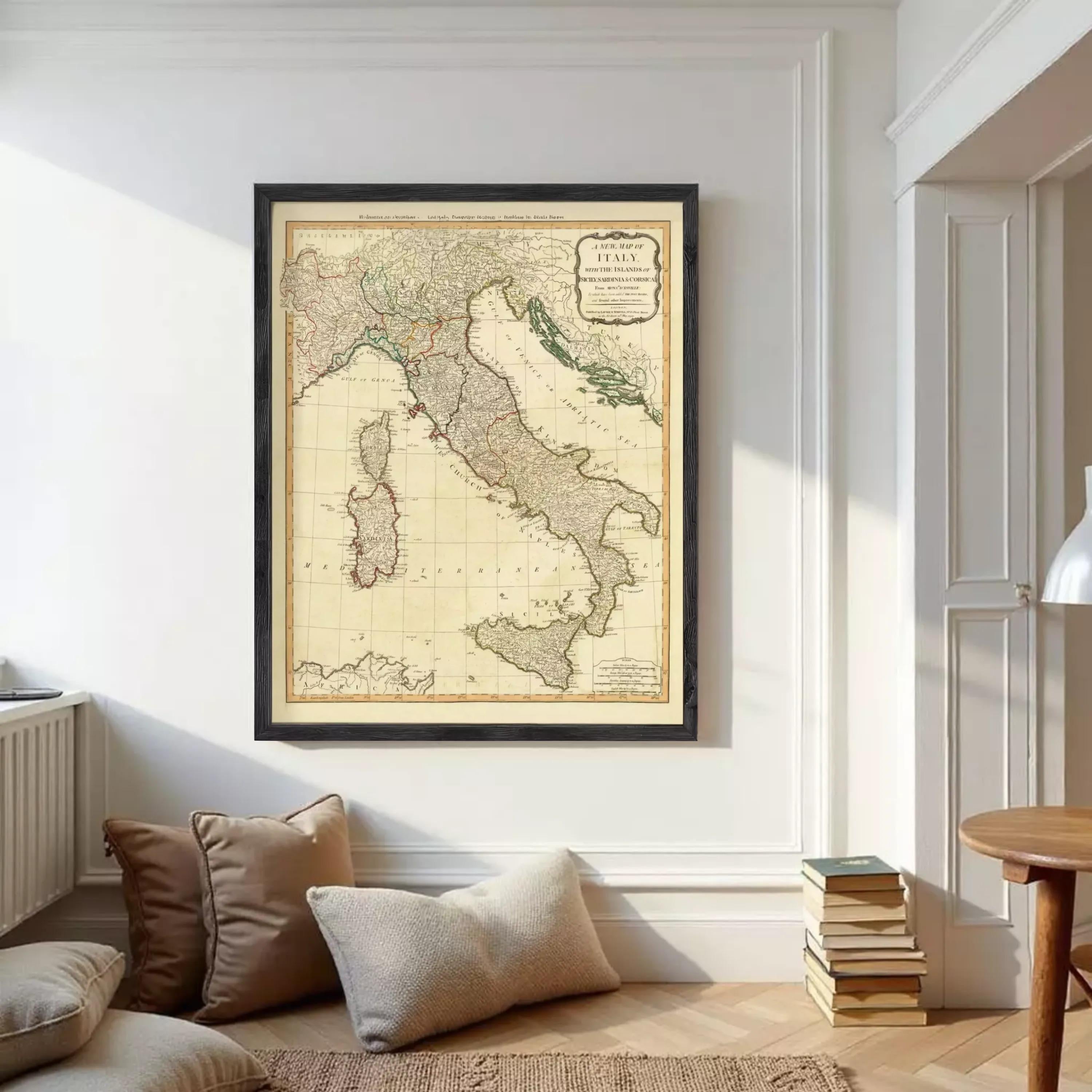 The image is a framed map of Italy, showing the country's geographical layout and surrounding areas.