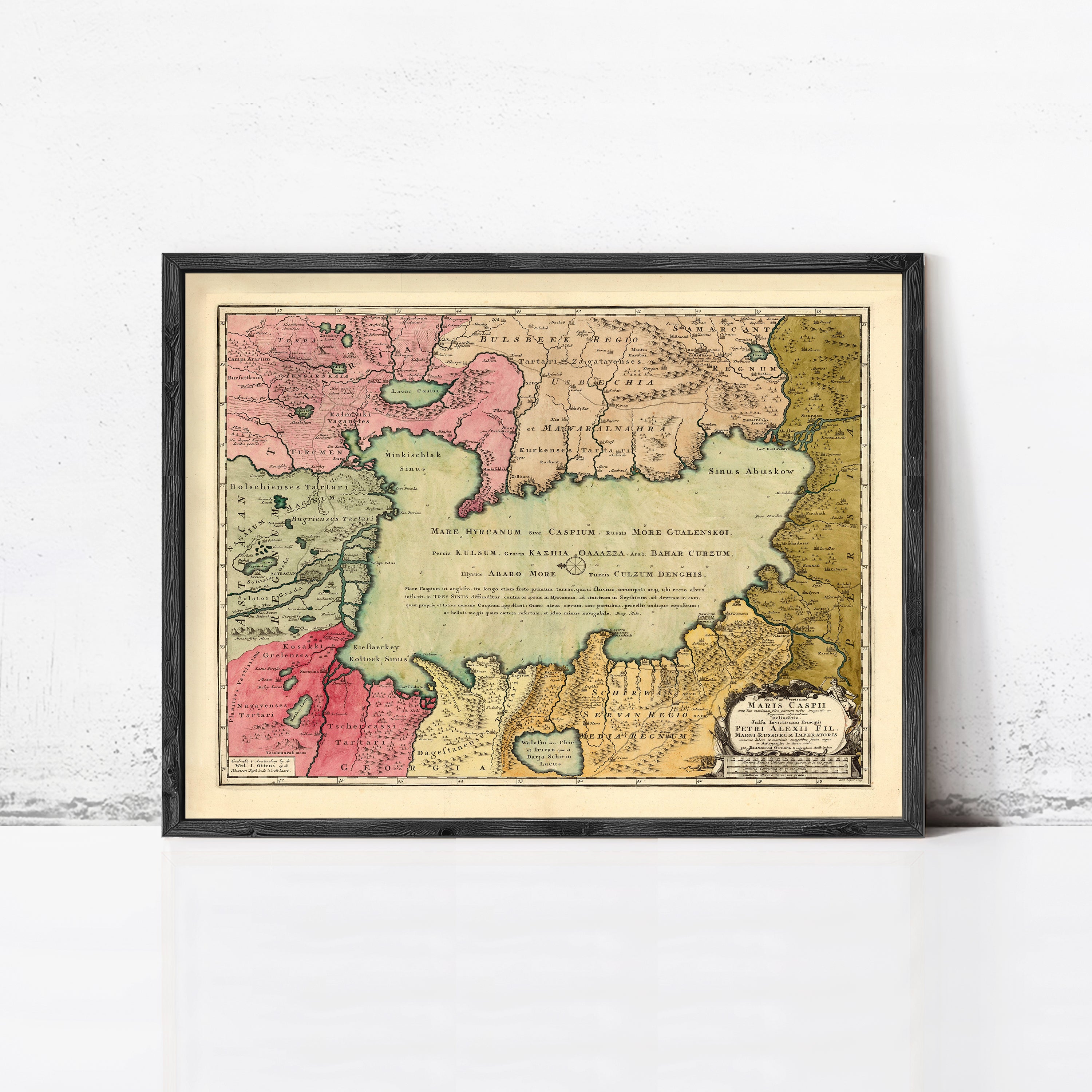The image is a framed vintage map of the Middle East and North Africa, depicting the region in a detailed and colorful manner.