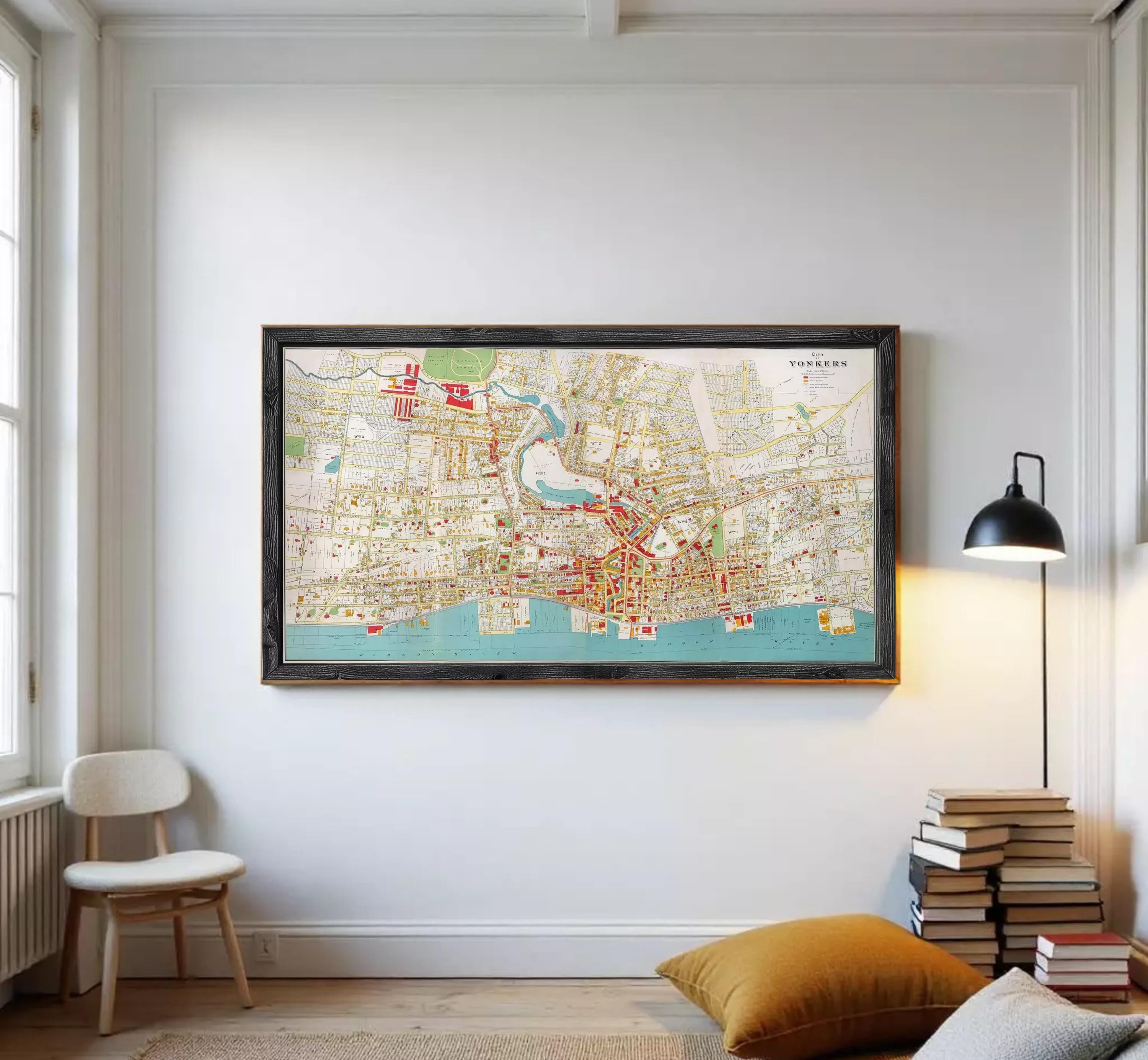 The image is a framed map of a city, likely York, with various streets, landmarks, and other geographical features depicted.