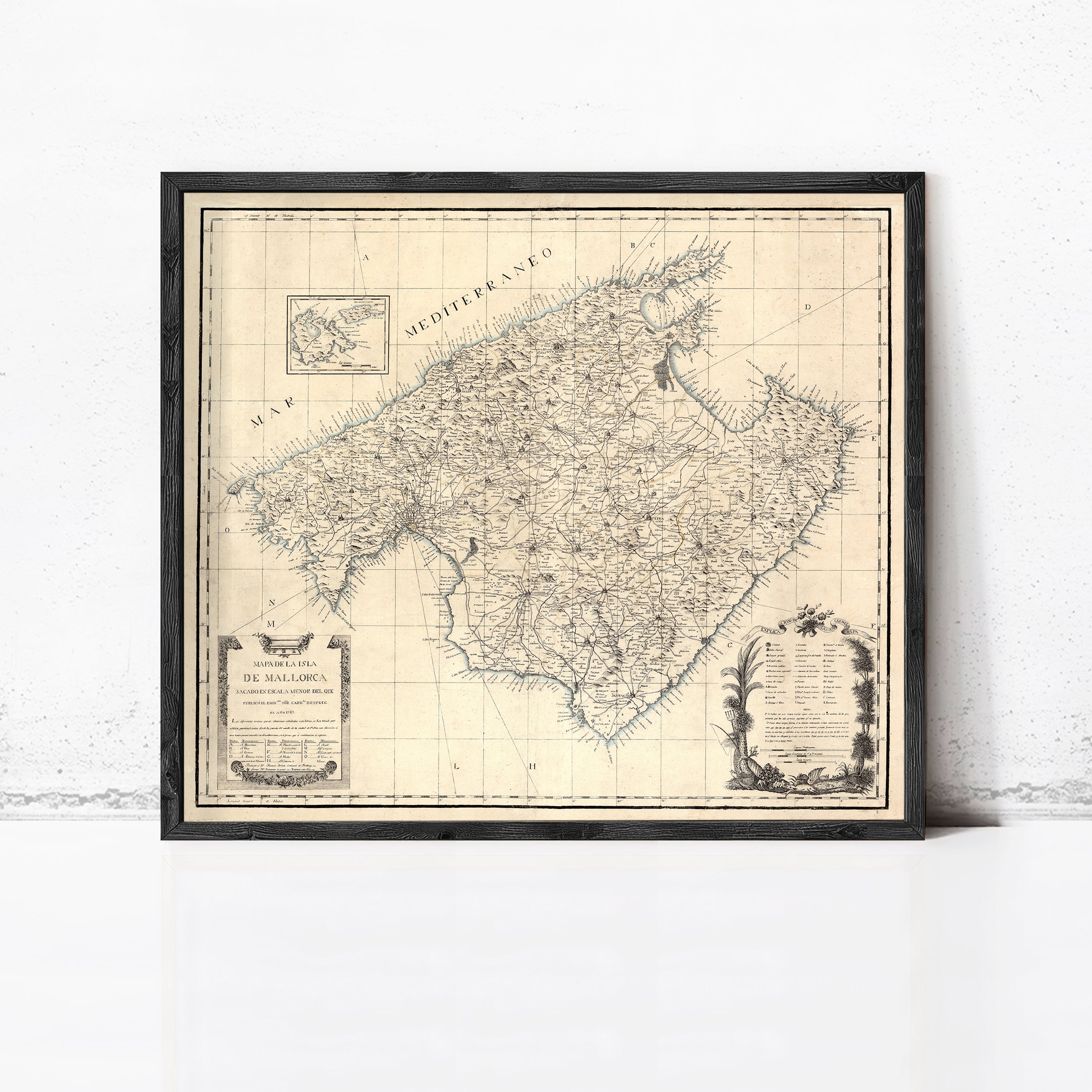 The image is a framed vintage map of the Mediterranean region, depicting the area in a detailed and intricate manner.