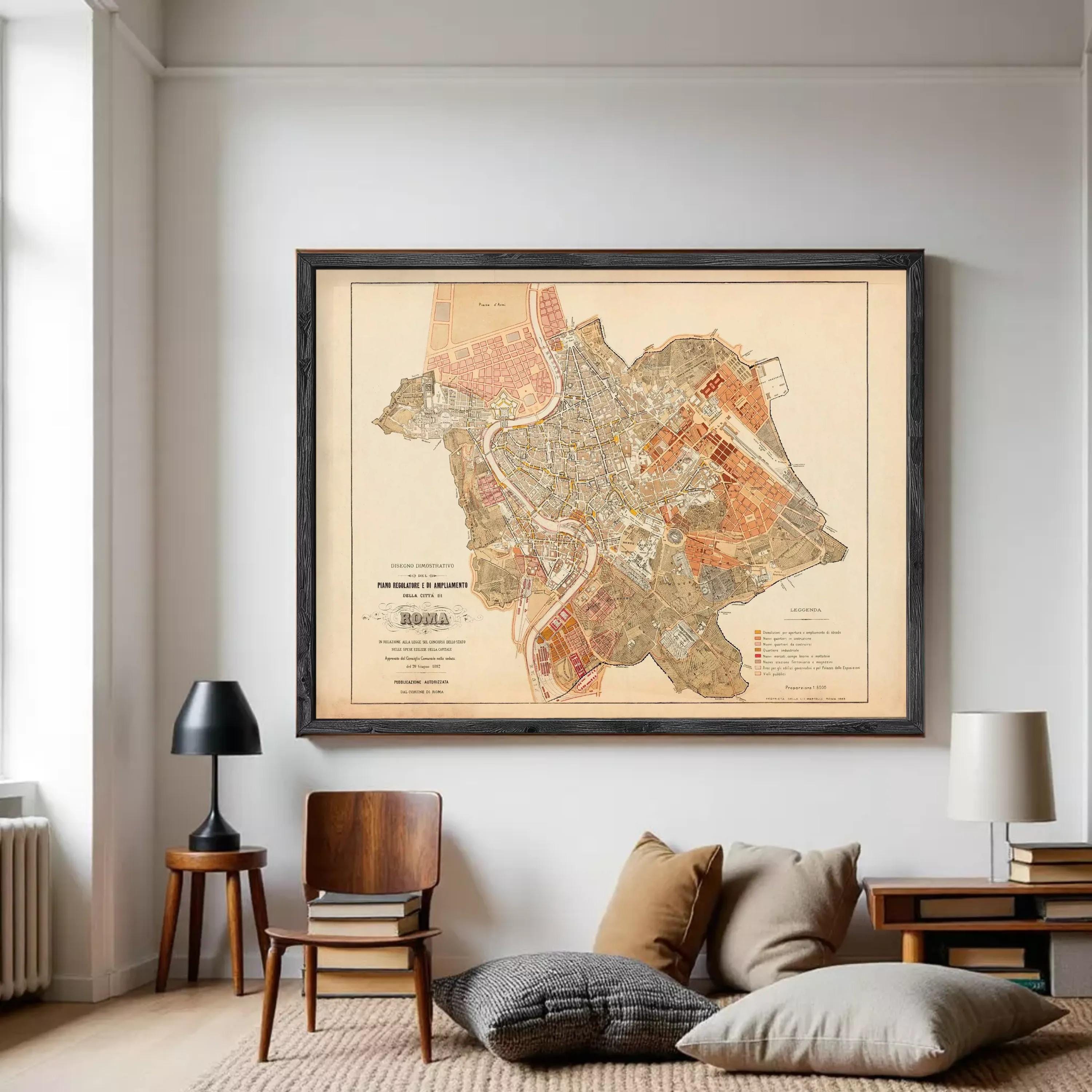 The image is a framed map of Rome, Italy, depicting the city's layout and surrounding areas.