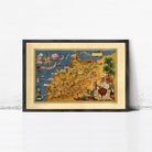 The image is a framed illustration depicting a colorful and detailed map of a region, with various landmarks and elements such as palm trees, buildings, and people.