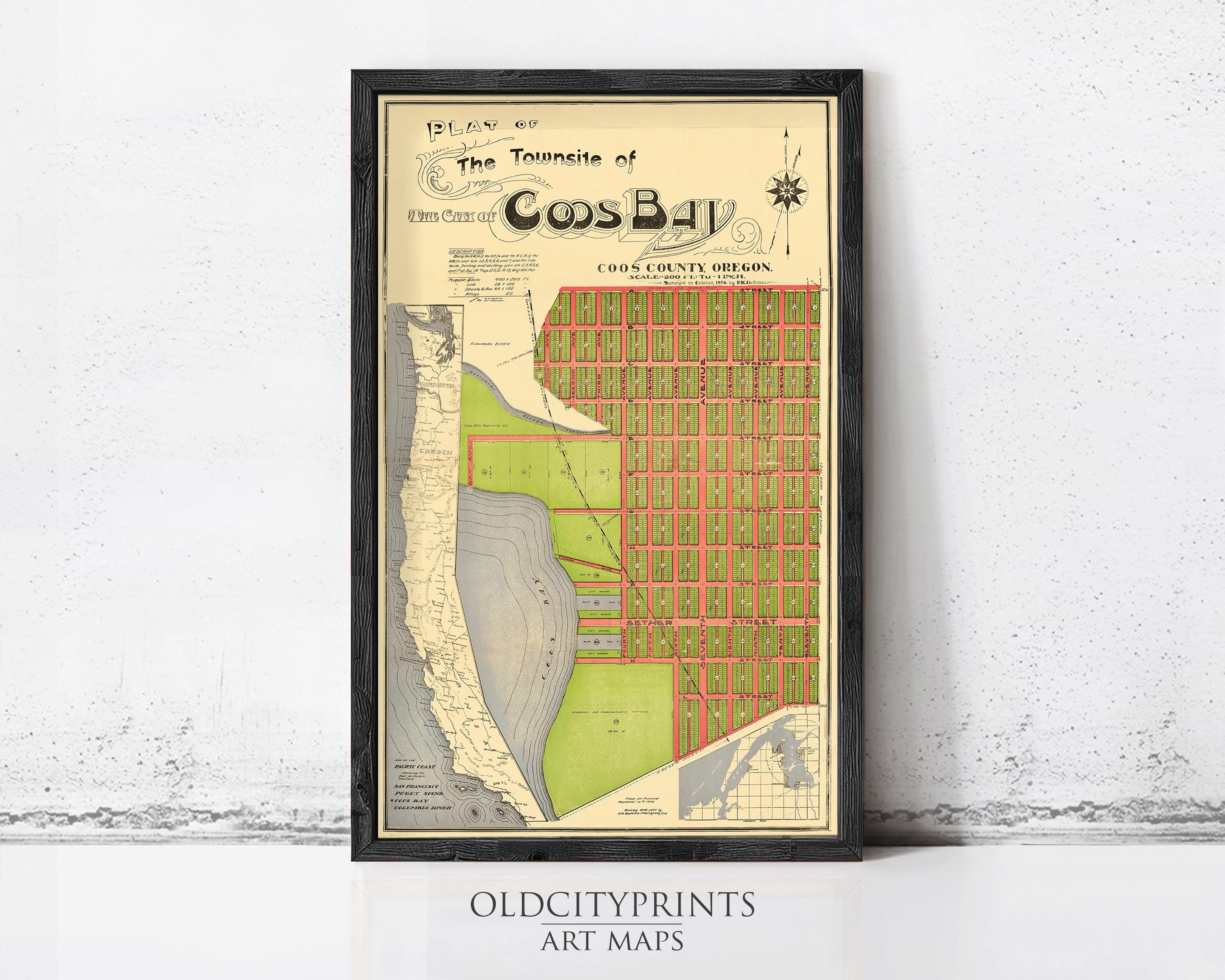 The image is a framed vintage map of the Town of Cos Bay, Oregon, depicting a detailed layout of the area.