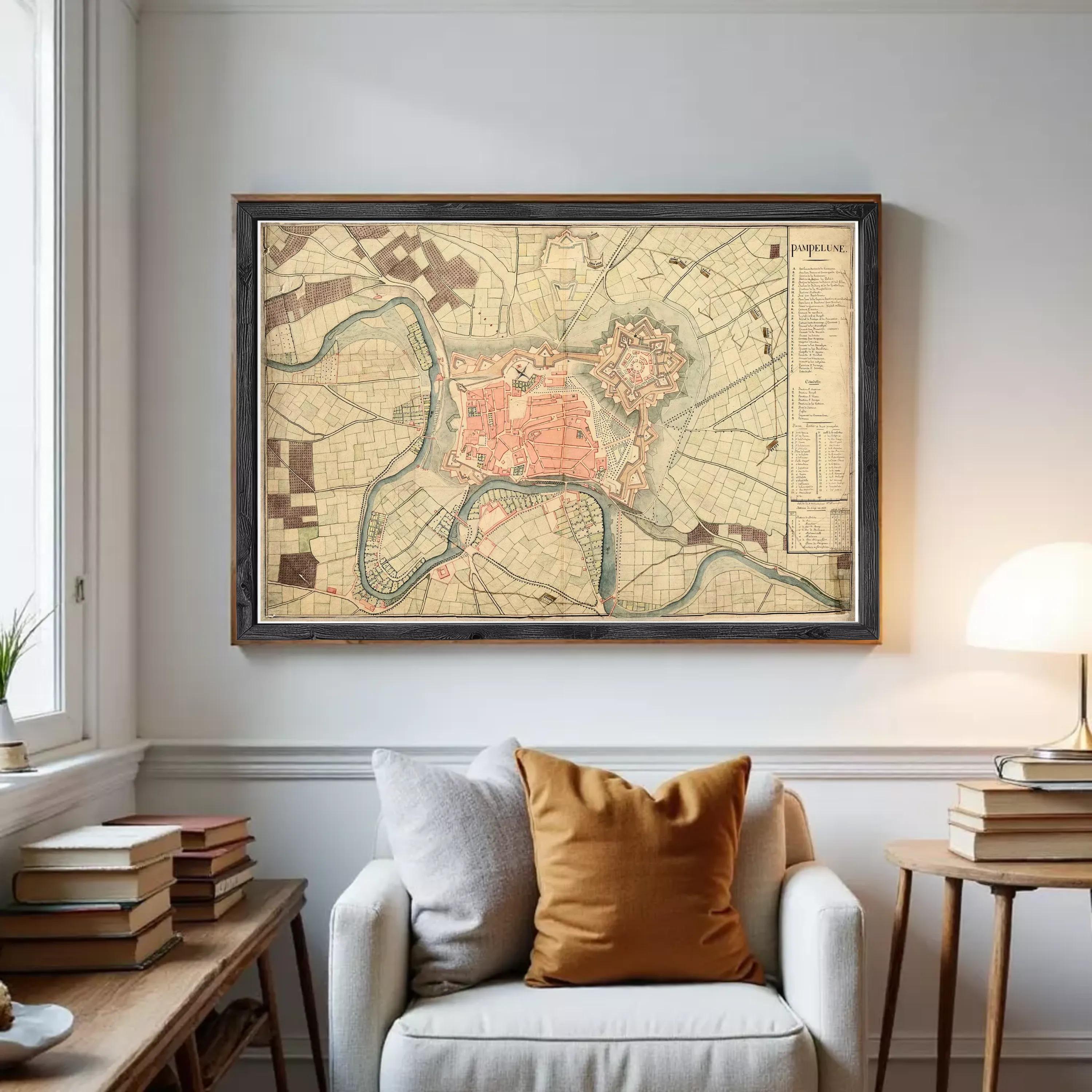 The image is a framed historical map of the city of Pampole, showing the layout of the city and surrounding areas.
